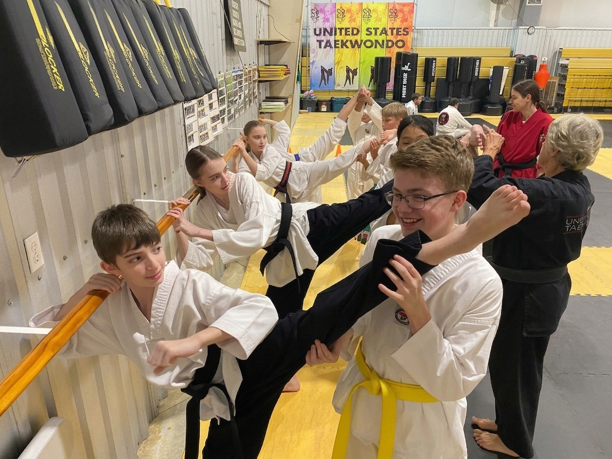 Group of young martial artists practicing karate in a dojo, with a yellow belt student performing a kick and others holding pads, in front of martial arts equipment and a colorful banner saying 'United States Taekwondo'.