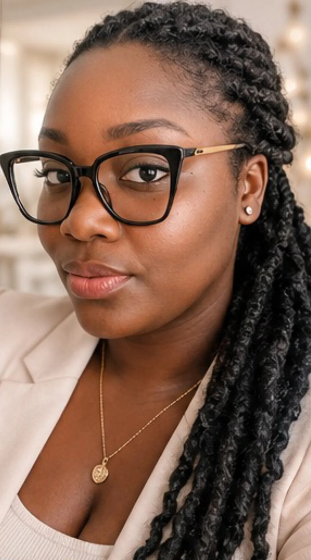 L'intervenante bien-être portant des lunettes noires, des boucles d'oreilles en perle, un collier en or avec un pendentif, vêtue d'une veste beige et d'un haut blanc, dans un environnement intérieur lumineux.