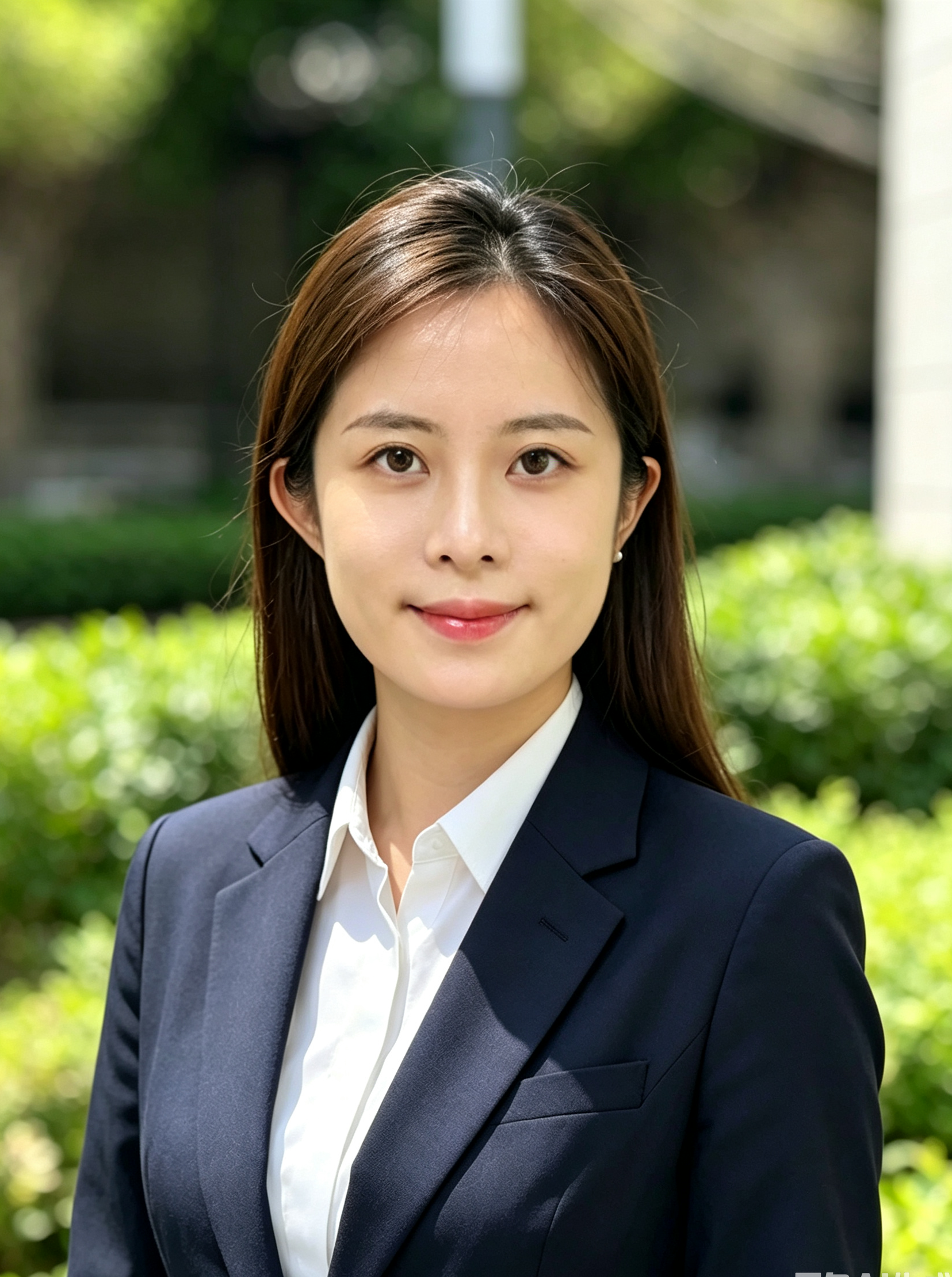 A woman in a business suit outdoors with a blurred green background.