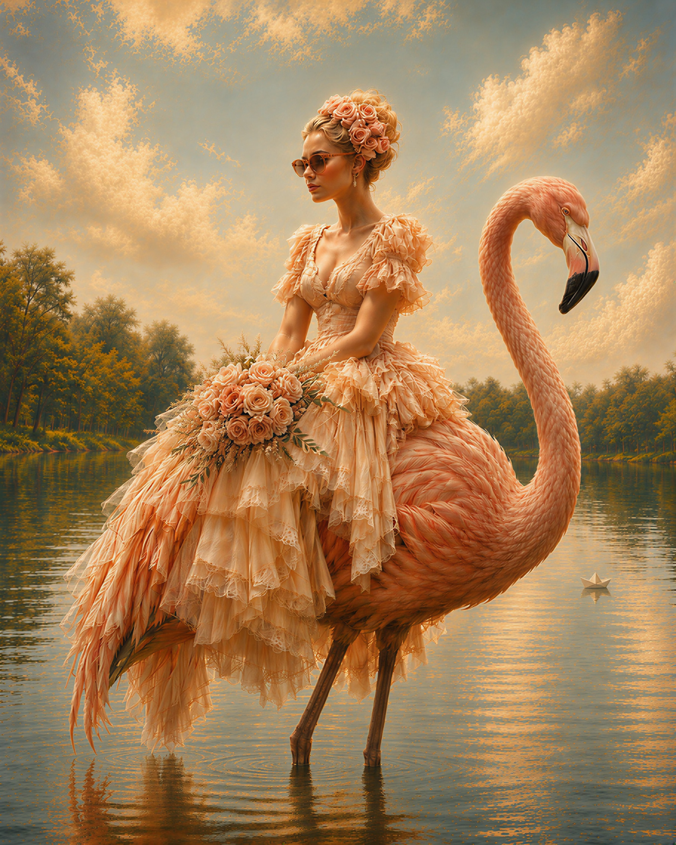 A woman dressed in a pink, ruffled gown with a large bouquet of roses, wearing sunglasses, sitting on a flamingo float in a body of water at sunset with a cloudy sky and trees in the background.