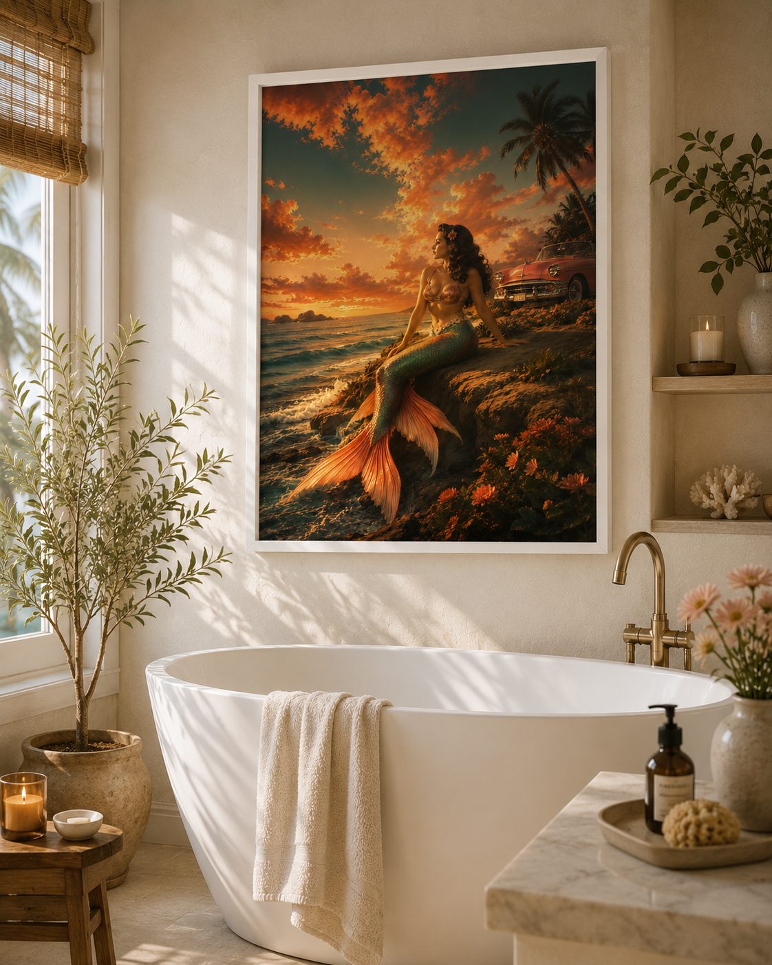 A bathroom with a white bathtub, potted plant, candles, and a large framed picture of a mermaid on a rocky beach at sunset with palm trees and a vintage car.