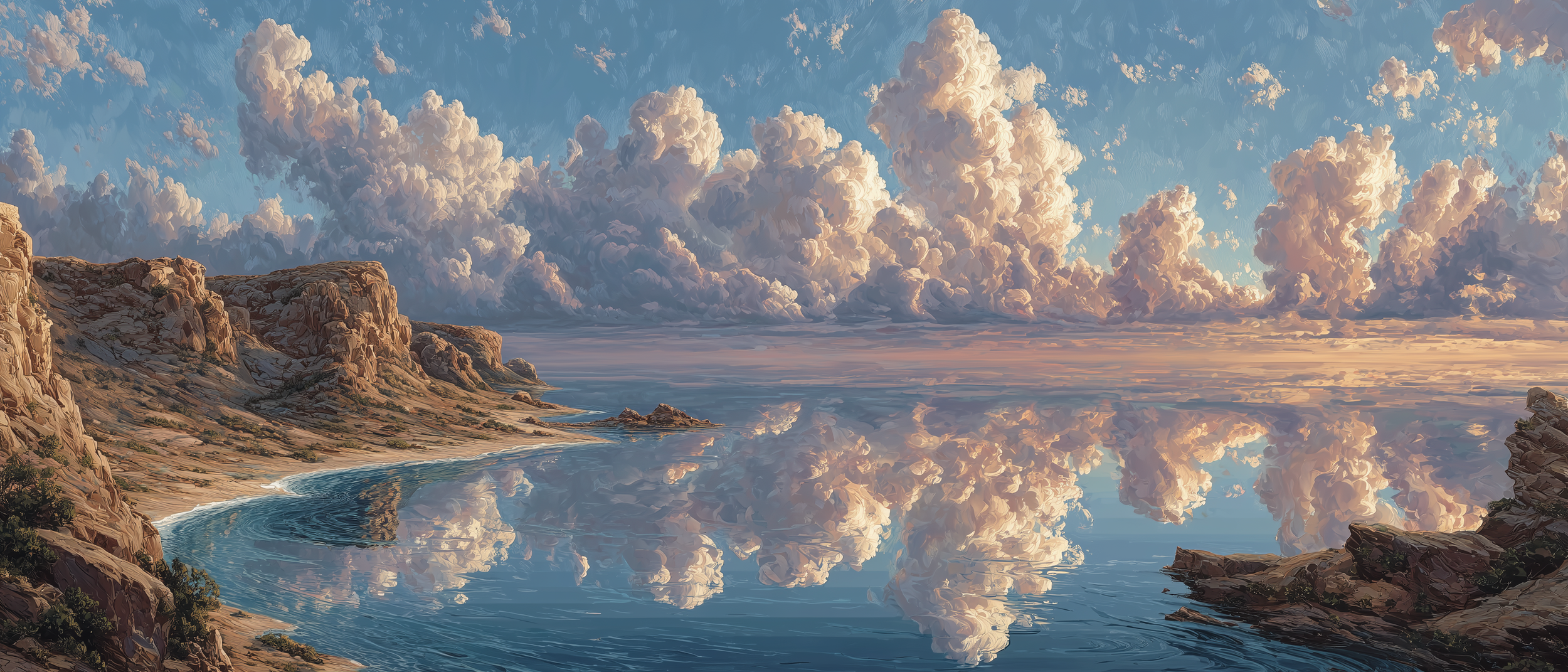 A digital painting of a scenic coastal landscape with rocky cliffs on the left, calm water reflecting the sky, and large, billowing clouds in the sky during sunset.