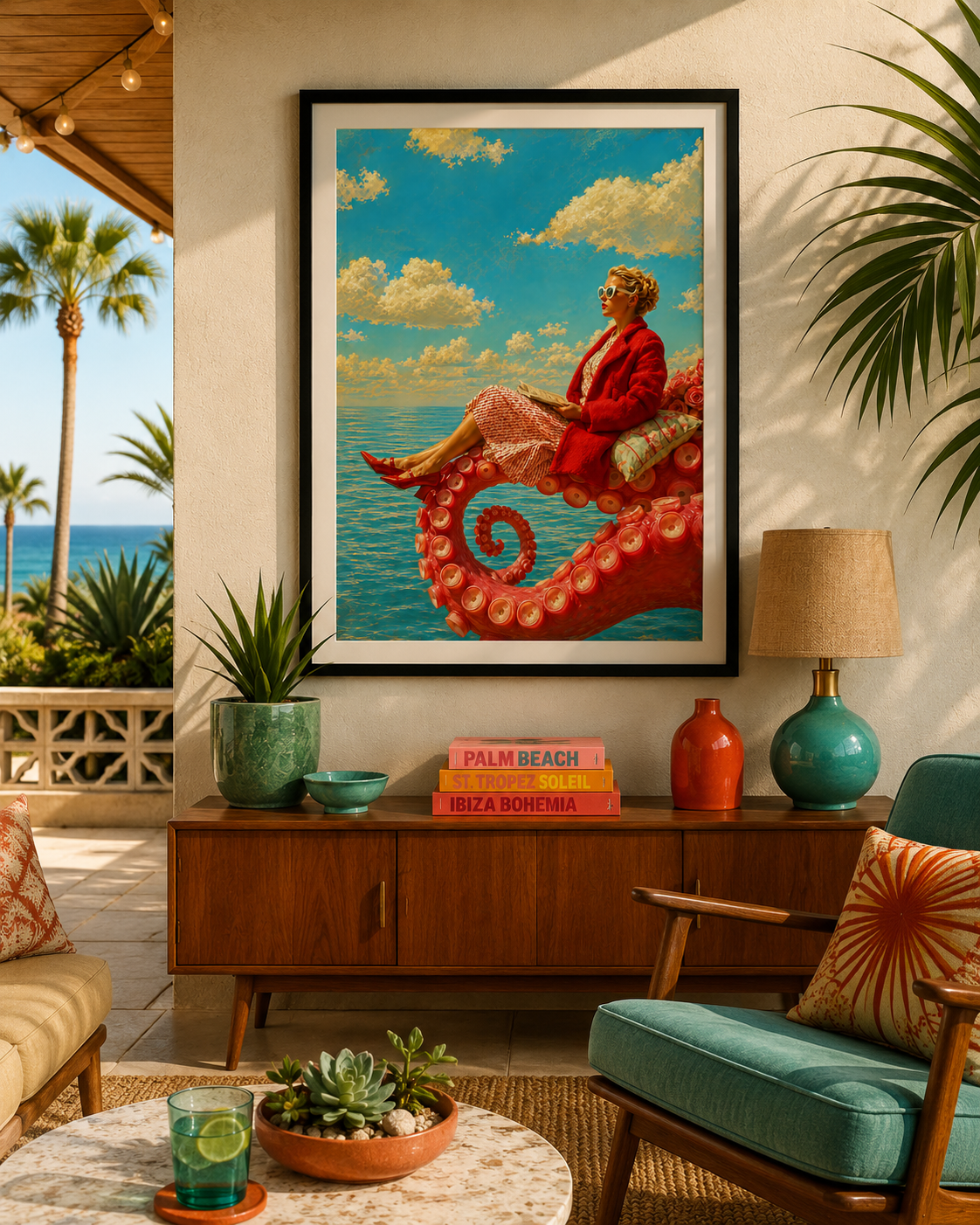 Interior of a room decorated with a large sea-themed painting of a woman in sunglasses sitting on a red tentacle of an octopus against a bright blue sky with clouds, with palm trees visible outside through a window.
