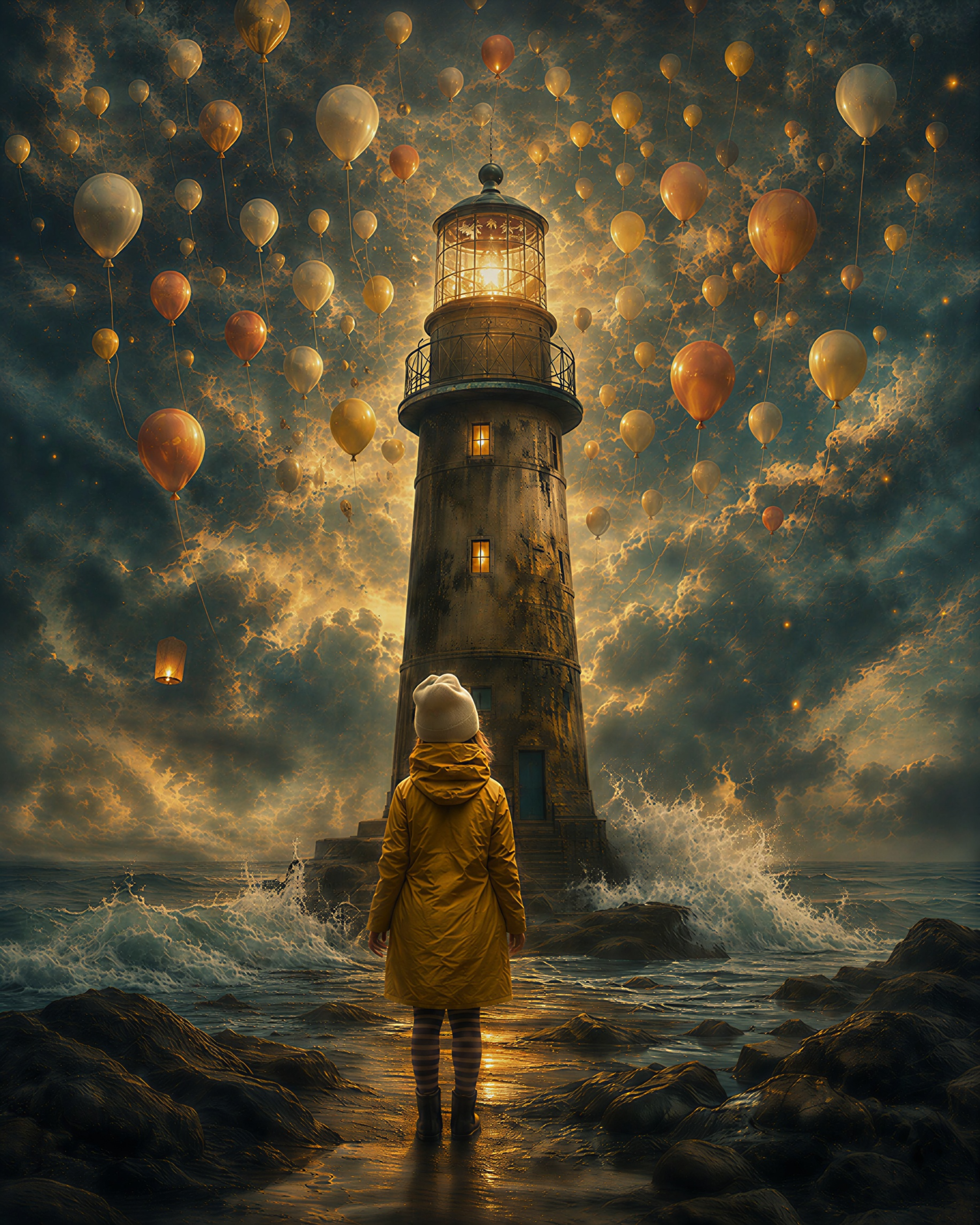 A child in a yellow coat and striped leggings stands in the ocean, facing a tall lighthouse with a glowing lantern at the top. The sky is filled with floating balloons and dramatic lightning, creating a surreal, stormy scene.