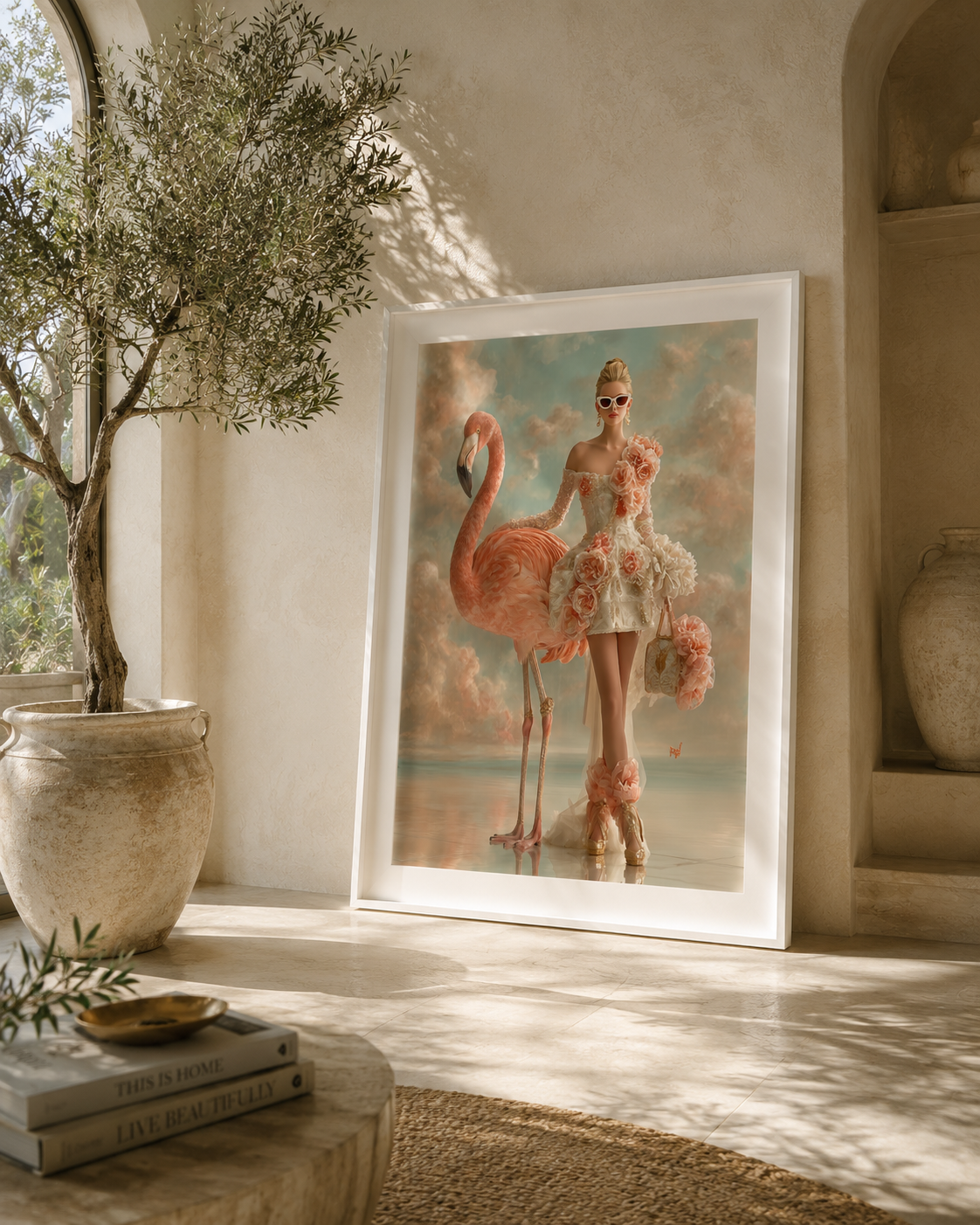 A framed artwork of a woman in an ornate dress with pink flowers, standing next to a pink flamingo, displayed indoors with sunlight streaming in and shadows cast on the floor.