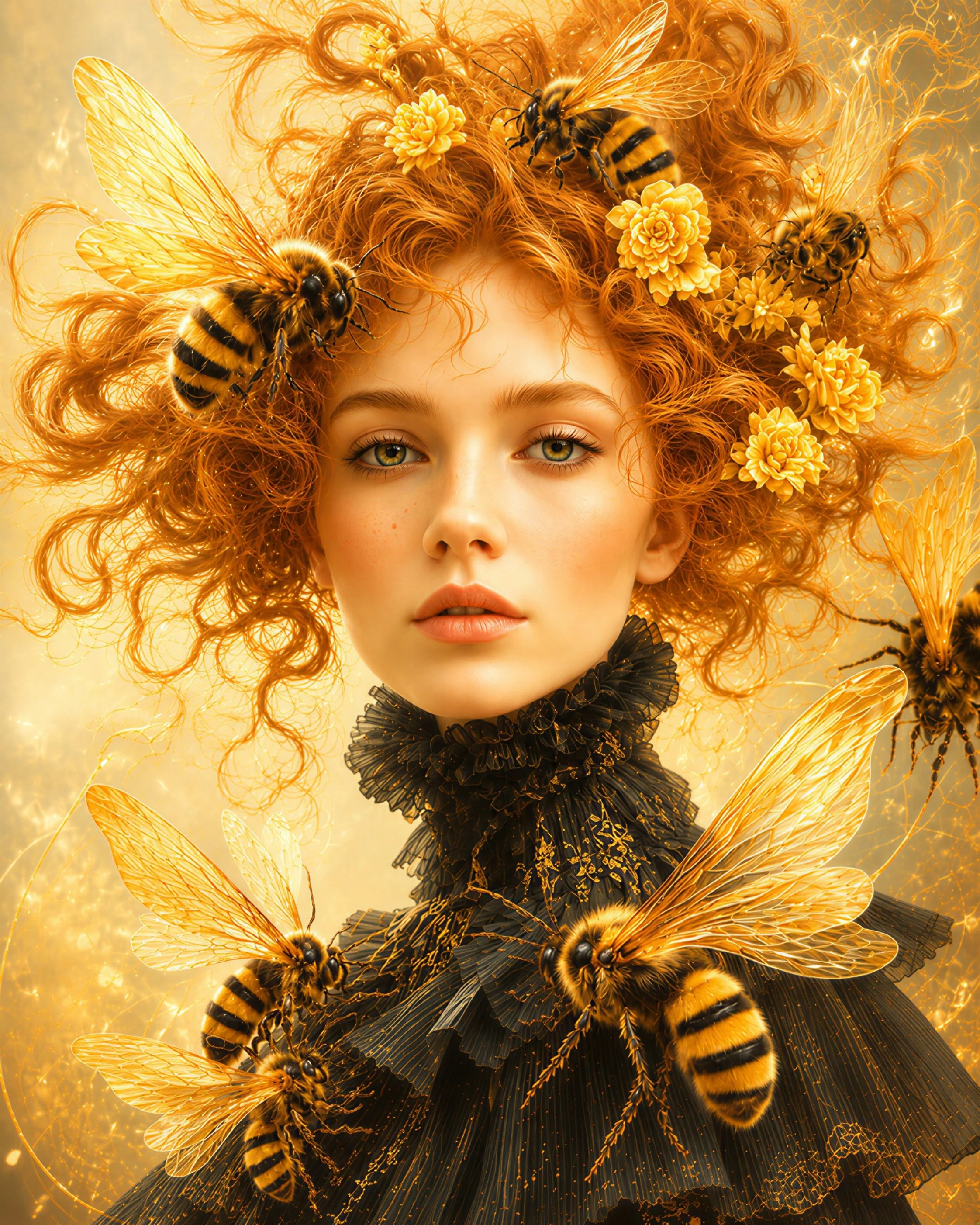 A young woman with curly gold hair decorated with flowers, bees, and golden leaves, set against a glowing, sparkly gold background.