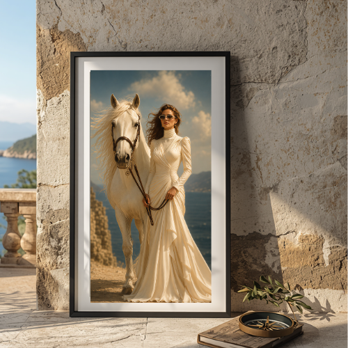 A framed photograph of a woman in a white dress with sunglasses standing next to a white horse outdoors near the coast, leaning against a rustic stone wall.