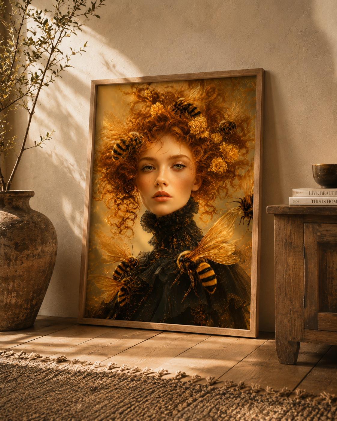 Framed digital artwork of a woman with curly red hair surrounded by bees and honey-colored flowers, leaning against a wall near a wooden table and a large pottery vase in a warmly lit room.