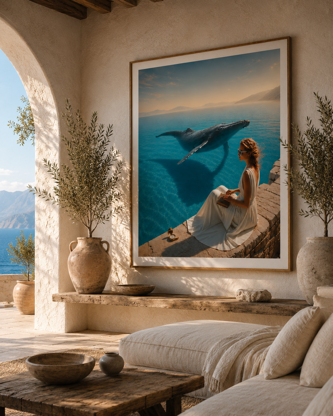 A woman with sunglasses sitting on a stone ledge inside a Mediterranean-style room, gazing at a large painting of a whale swimming in the ocean, with potted plants and a view of the sea outside.