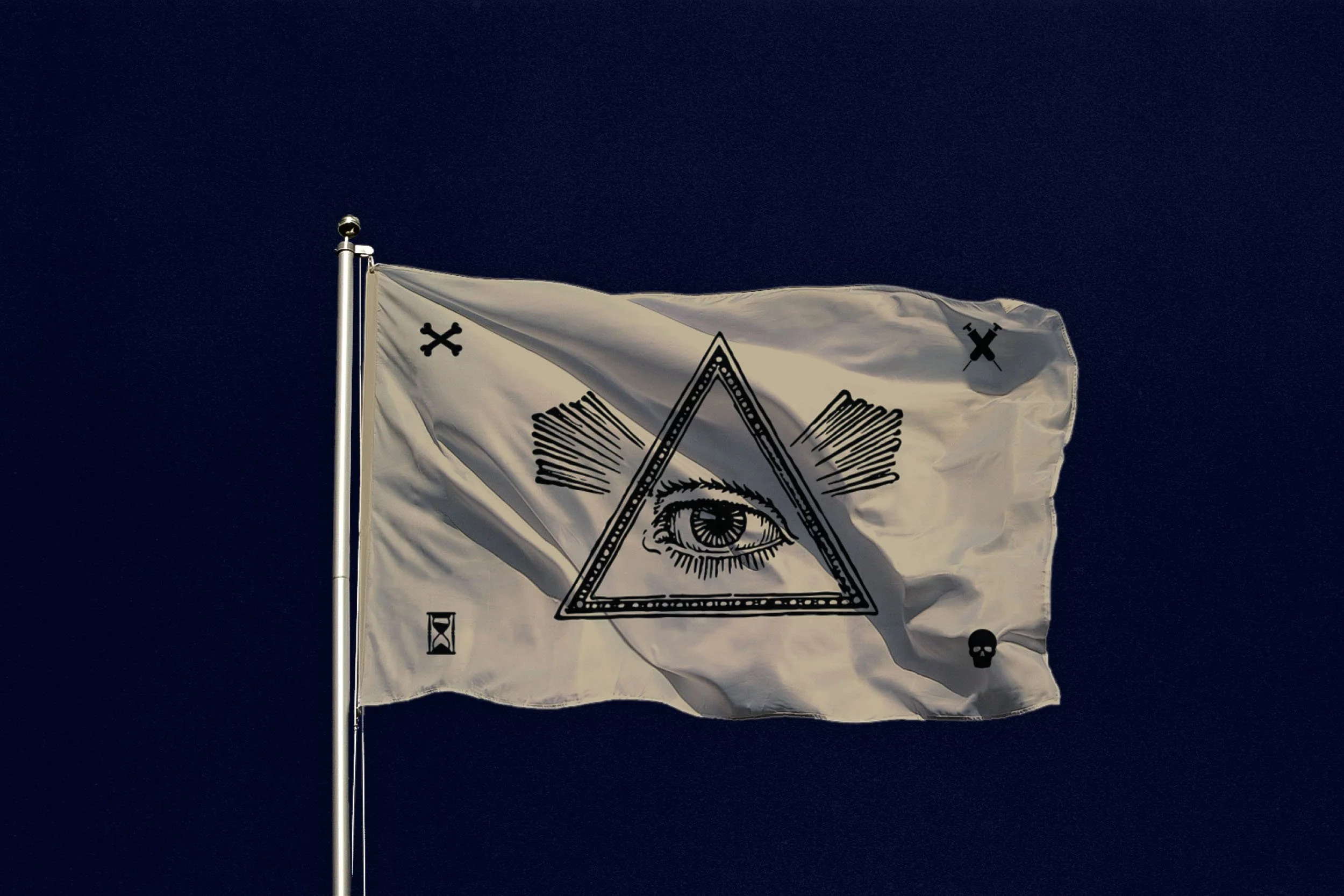 flag flying on flagpole with illustrations of all seeing eye symbol