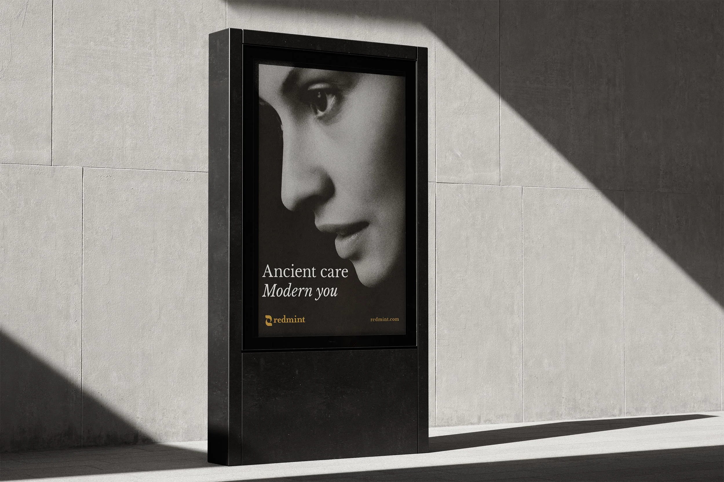 woman's face close up with tagline and logo redmint
