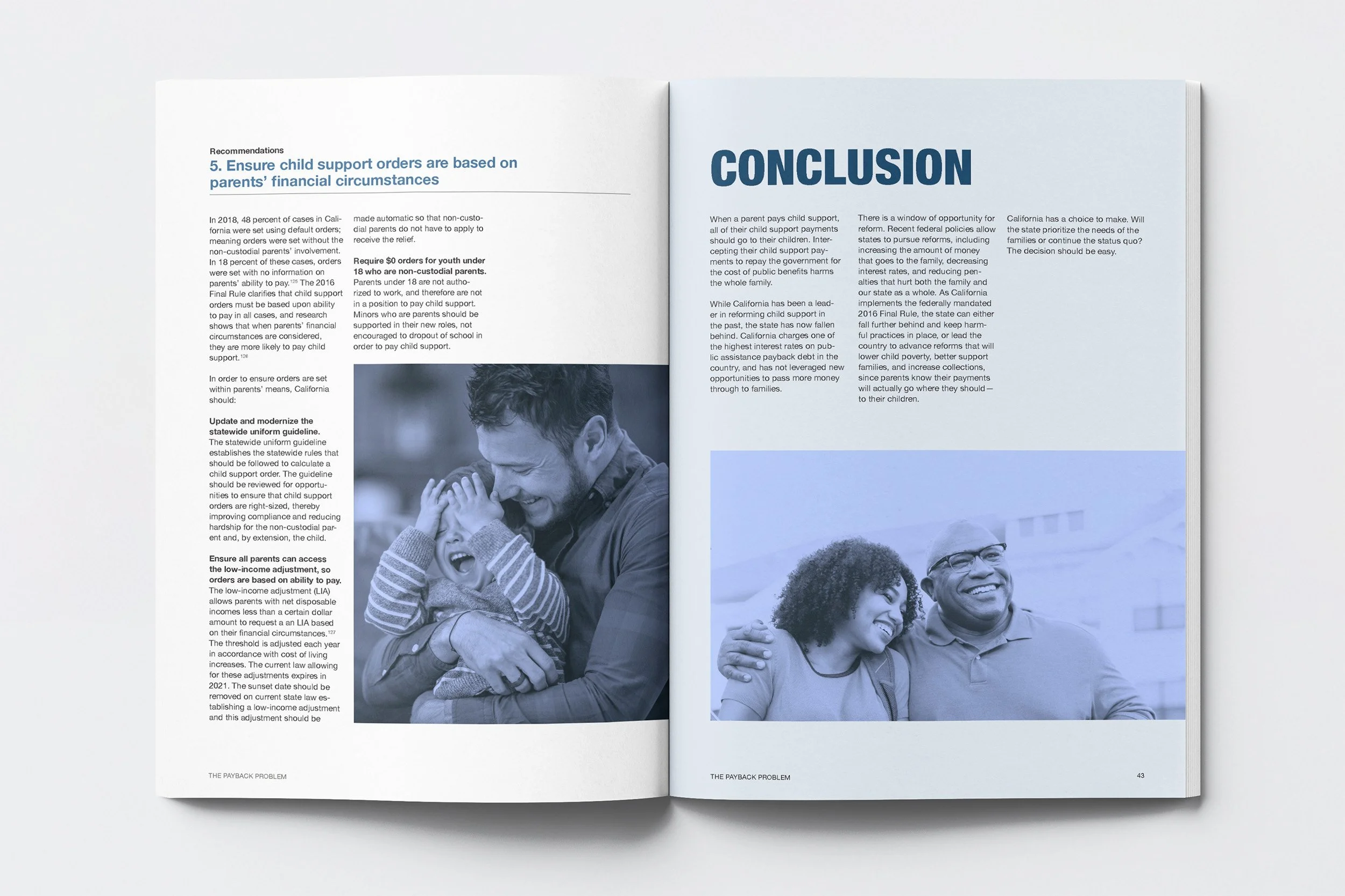 two page spread magazine father son hugging father daughter arm in arm