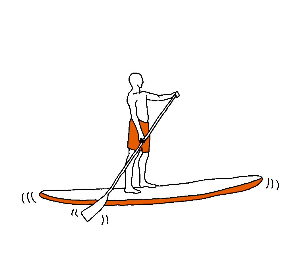 A simple black and orange line drawing of a SUP surfer.
