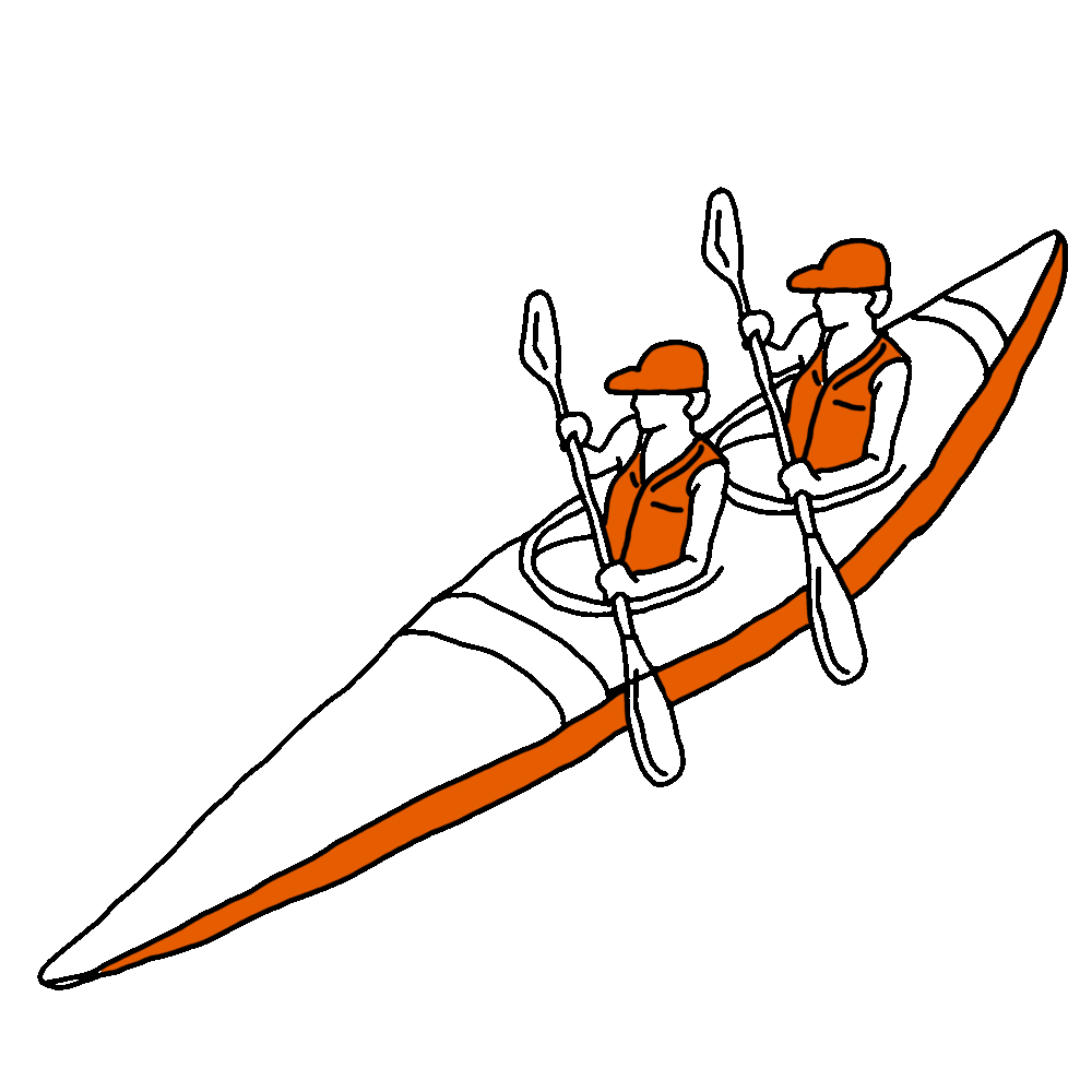 A black and orange line drawing of a mountain with three climbers ascending, wearing helmets and backpacks under a small orange cloud.