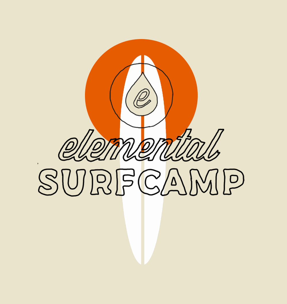 Logo for Elemental Surf Camp featuring a surfboard with a water droplet and the words 'elemental SURF CAMP'.