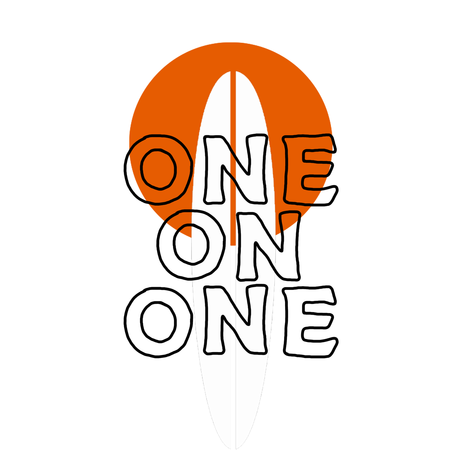 A cartoon-style surfboard with the word "ONE on One" written vertically in bold black letters on a white background, with an orange semicircular shape behind it, and multicolored cartoony blocks on the right side.