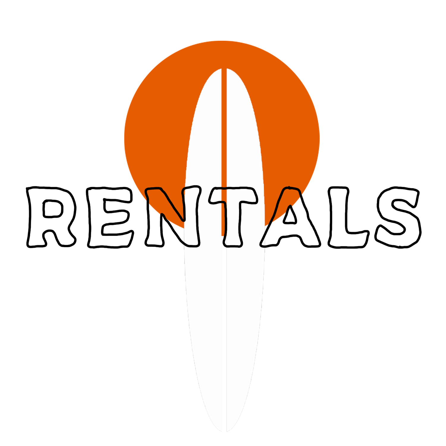 A cartoon graphic with the word 'Rentals' and a surfboard in the background, with orange, white, and black colors.