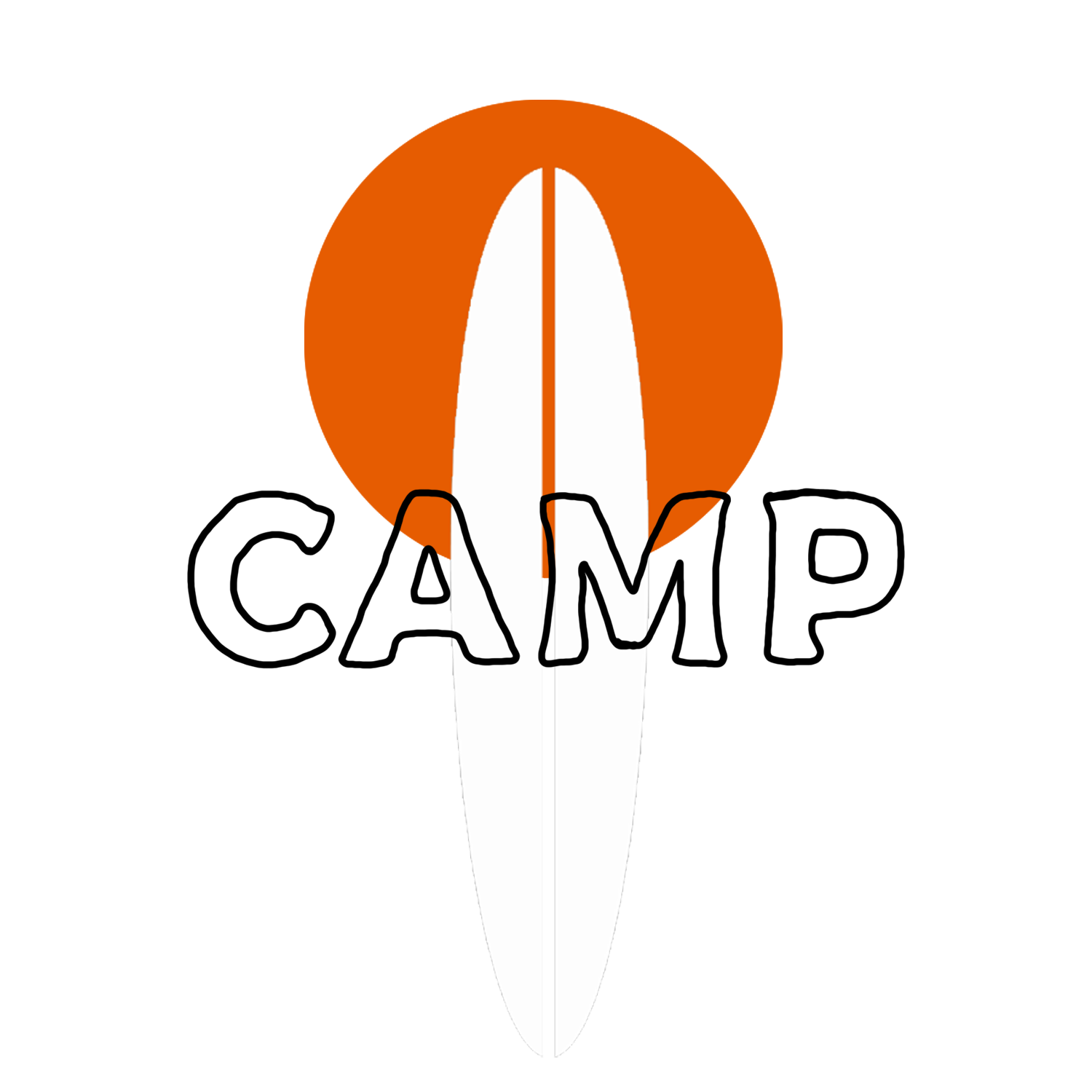 Graphic of a skateboard with the words 'Camp" in stylized text, featuring a large orange background circle and surfboard.