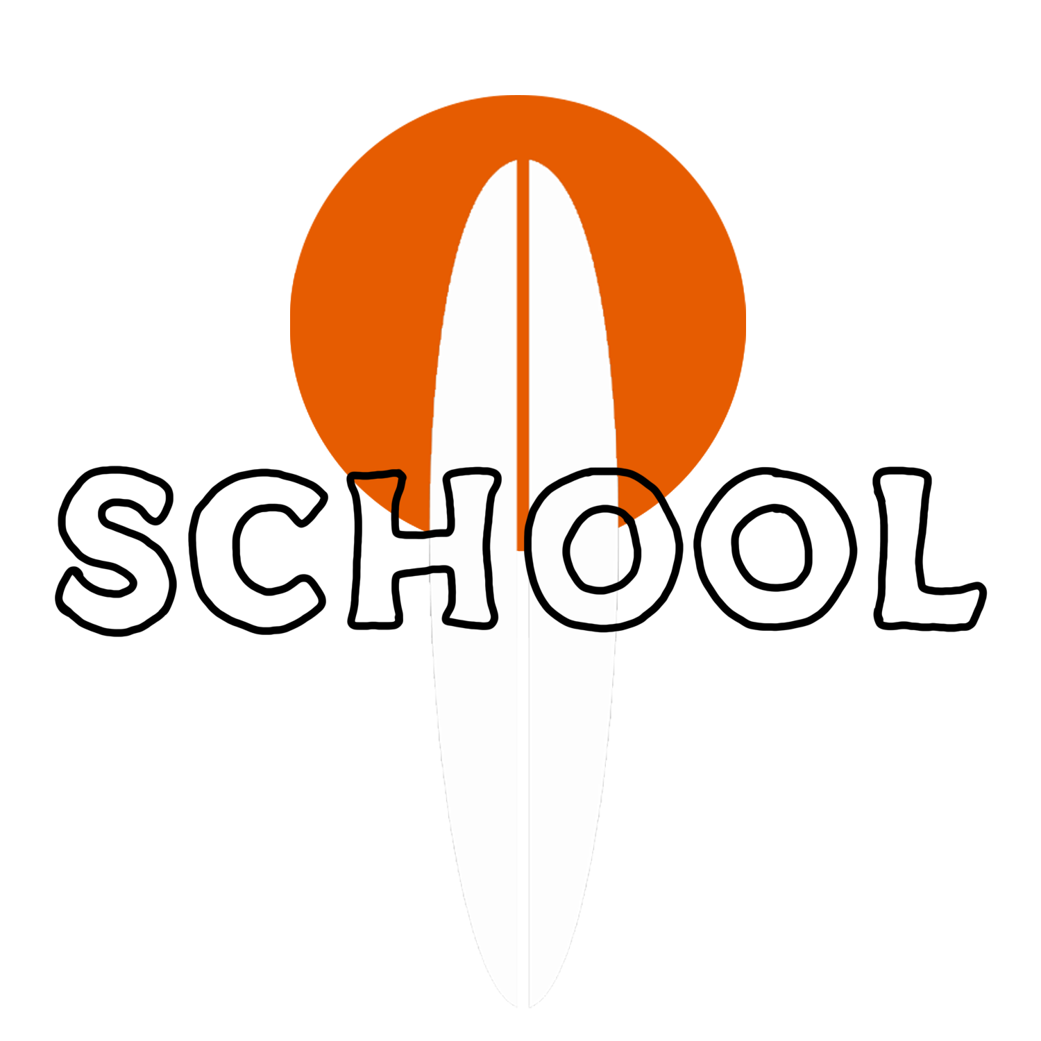 An illustration of a surfobard with the words 'School' overlaid in stylized text.