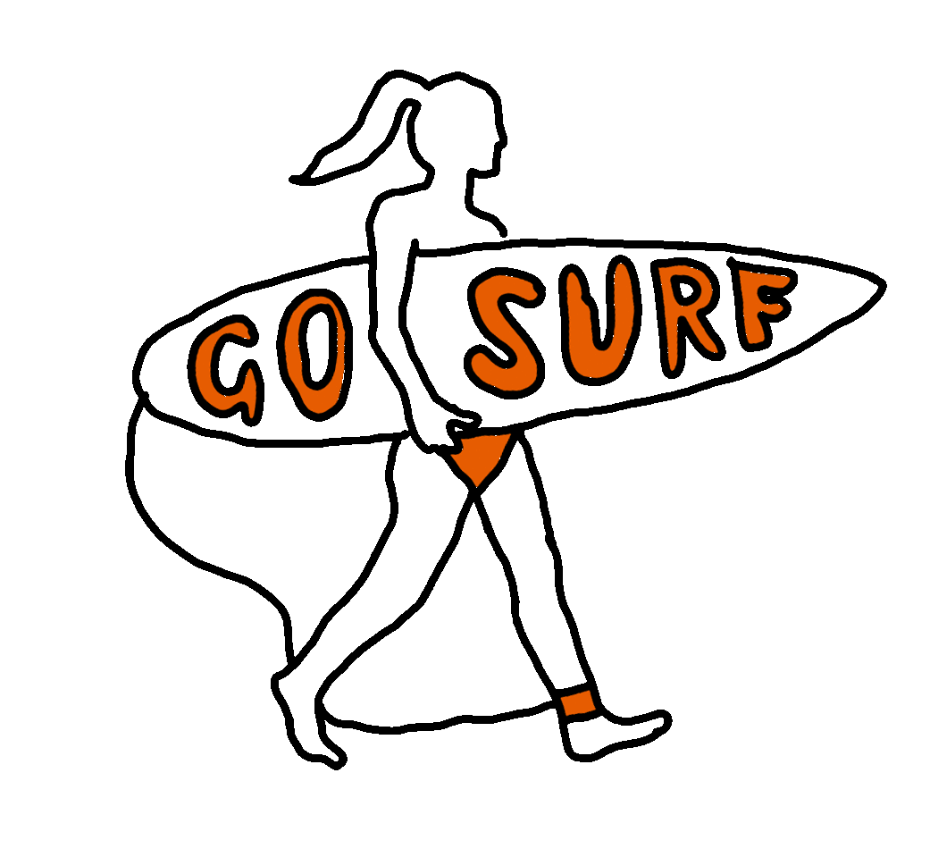 Silhouette of a person with a surfboard, with the words 'Go Surf' written in orange across the image.