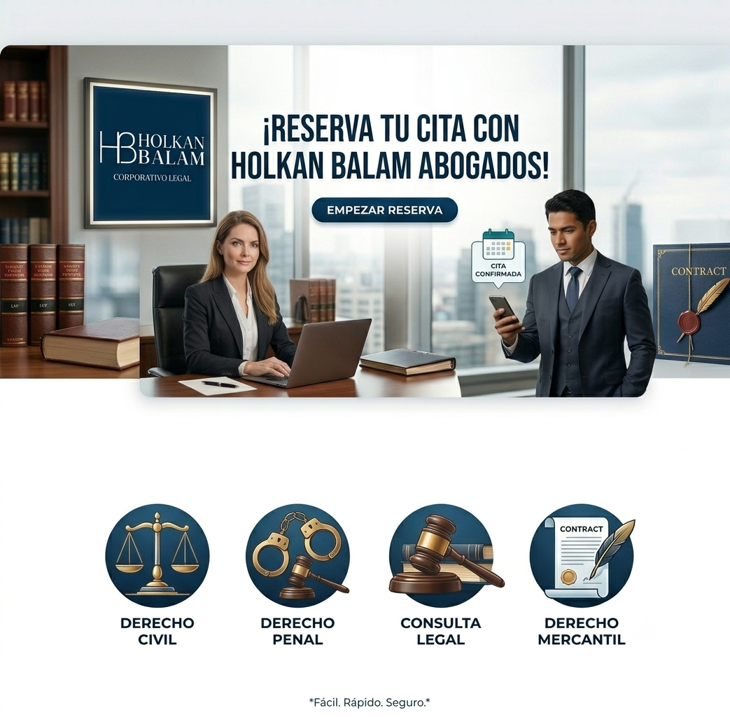 Anuncio de servicios legales de Holkan Balam Abogados con imagen de una oficina moderna con dos abogados. Se invita a reservar cita para asesoría legal, con botones y iconos que representan diferentes áreas del derecho, incluyendo civil, penal, legal y mercantil.