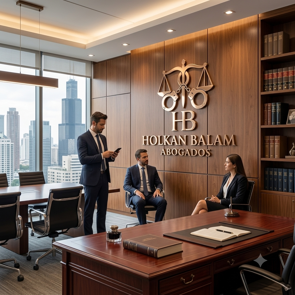 Sala de reuniones de un bufete de abogados con un logotipo en la pared que dice "HB HOLKAN BALAM ABOGADOS" y una balanza de justicia decorativa. Hay dos hombres y una mujer en trajes formales, uno está sentado, otro de pie mirando su teléfono y la tercera mujer también sentada.
