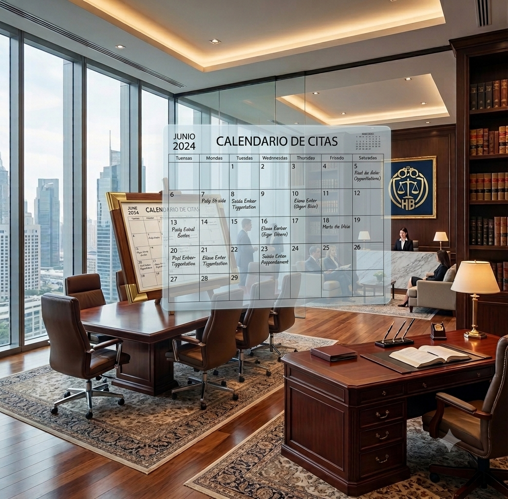 Sala de juntas elegante con vista a la ciudad, mesa de madera con varias sillas, y una pantalla de calendario de citas para junio de 2024 en la pared de fondo.