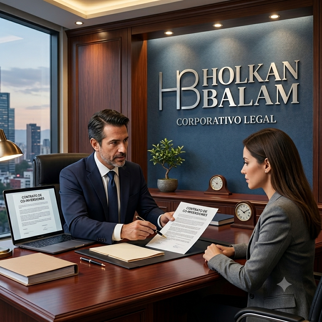 Hombre y mujer en una oficina firmando un contrato de co-inversiones. La oficina tiene un fondo con el logo de Holkan Balam y una vista de la ciudad por la ventana.