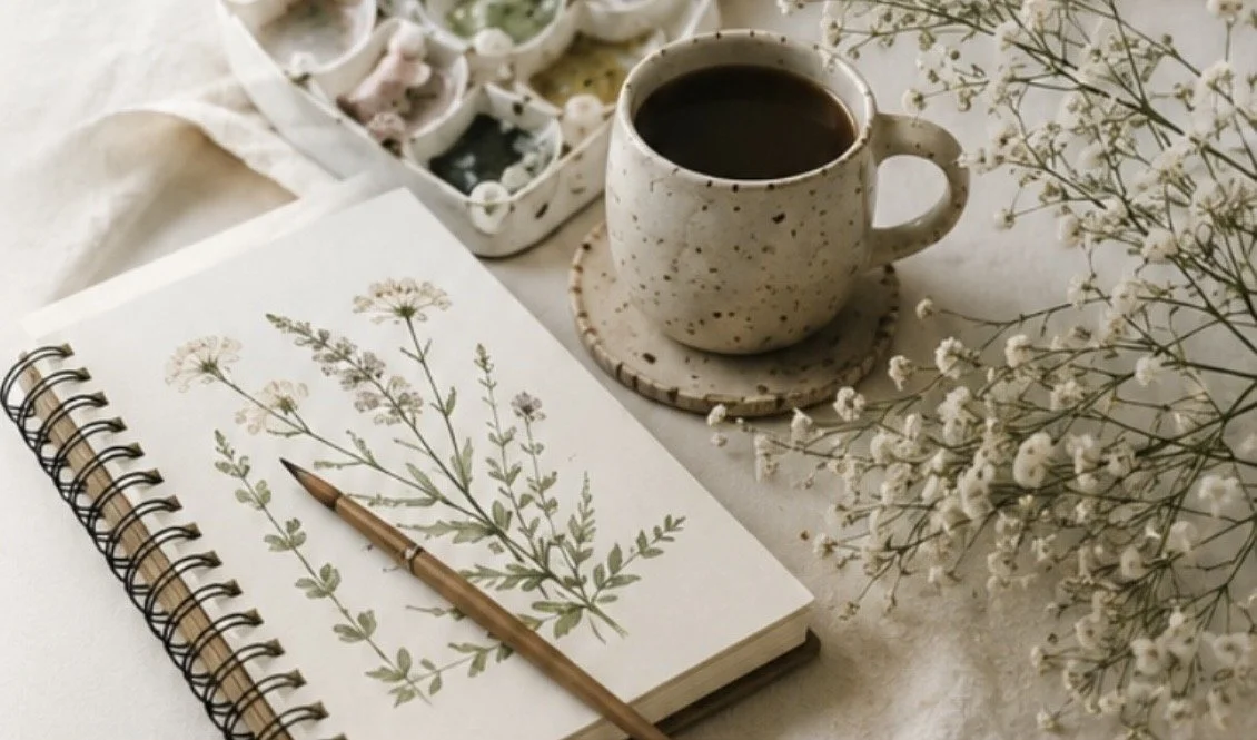 A notebook with botanical illustrations, a paintbrush resting on the page, a speckled mug of coffee, a matching saucer, a white box with art supplies, and white flowers on a light-colored surface.