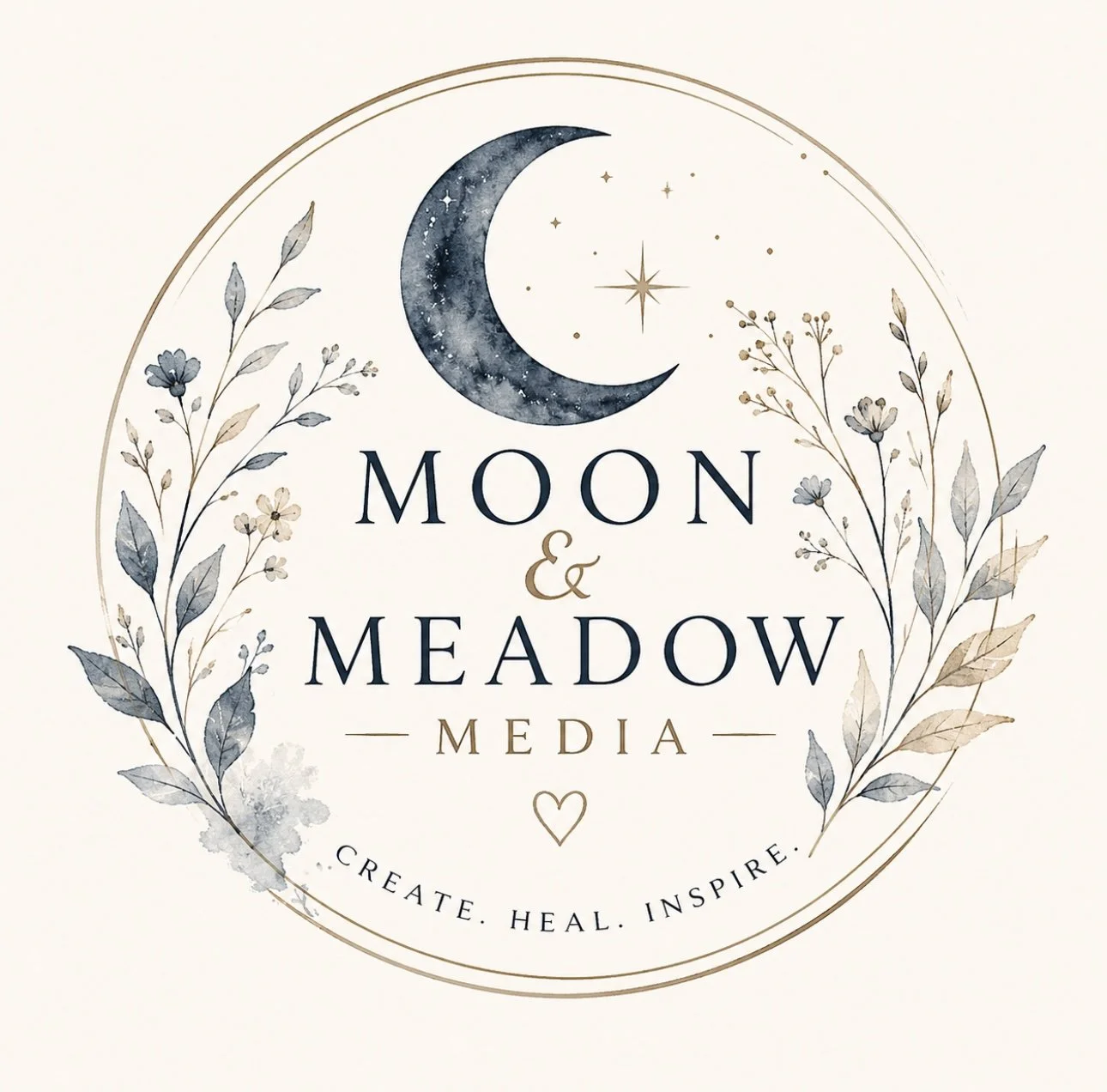 Logo for Moon & Meadow Media featuring a moon, star, and floral design with the words "Create. Heal. Inspire."