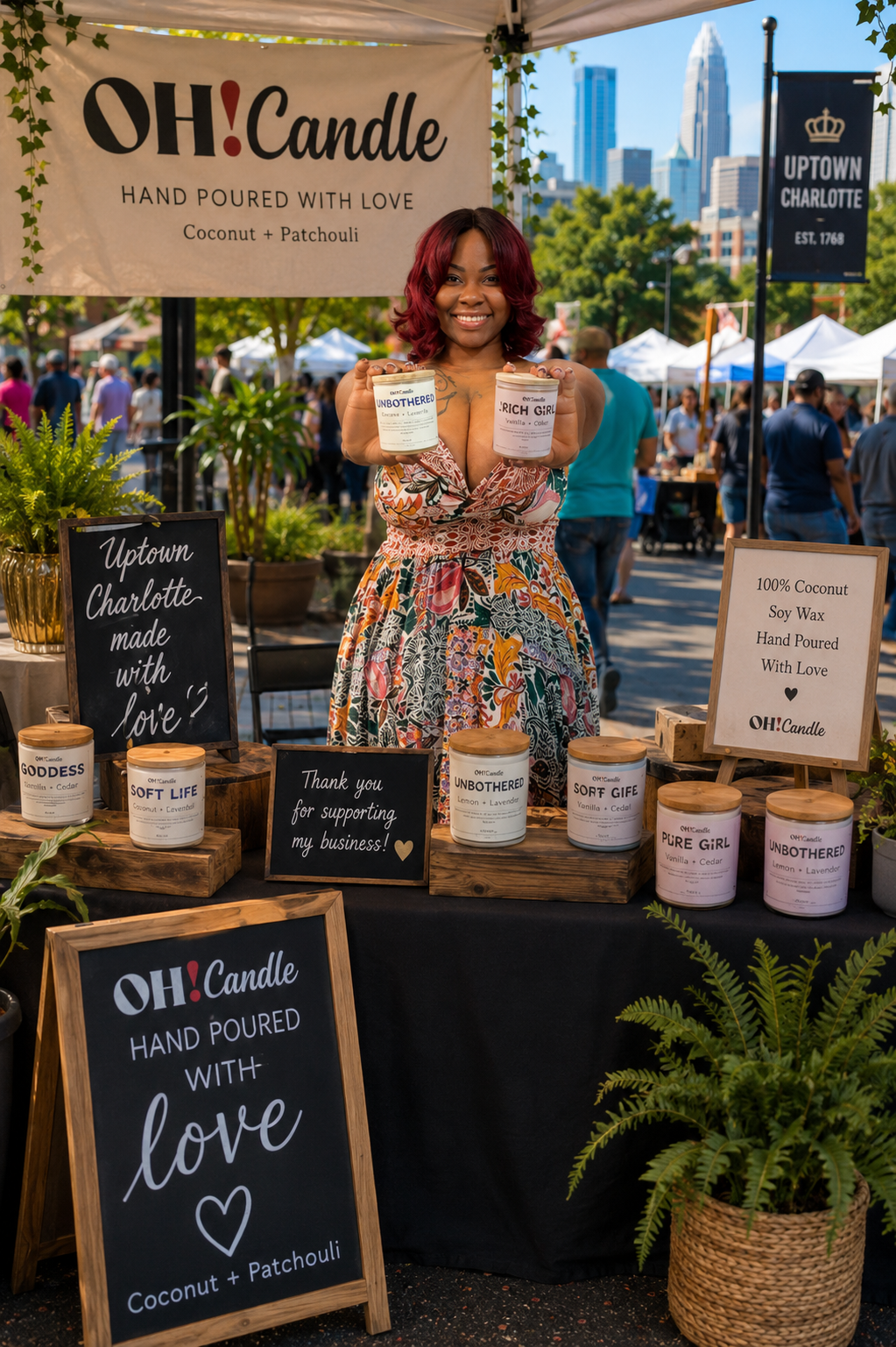 A woman standing behind a booth at an outdoor market, smiling and holding two candles labeled 'Unbothered' and 'Rich Girl.' The booth displays candles and signs promoting hand-poured, coconut and patchouli scented candles made with love. In the background, there are people walking, tents, and a city skyline.