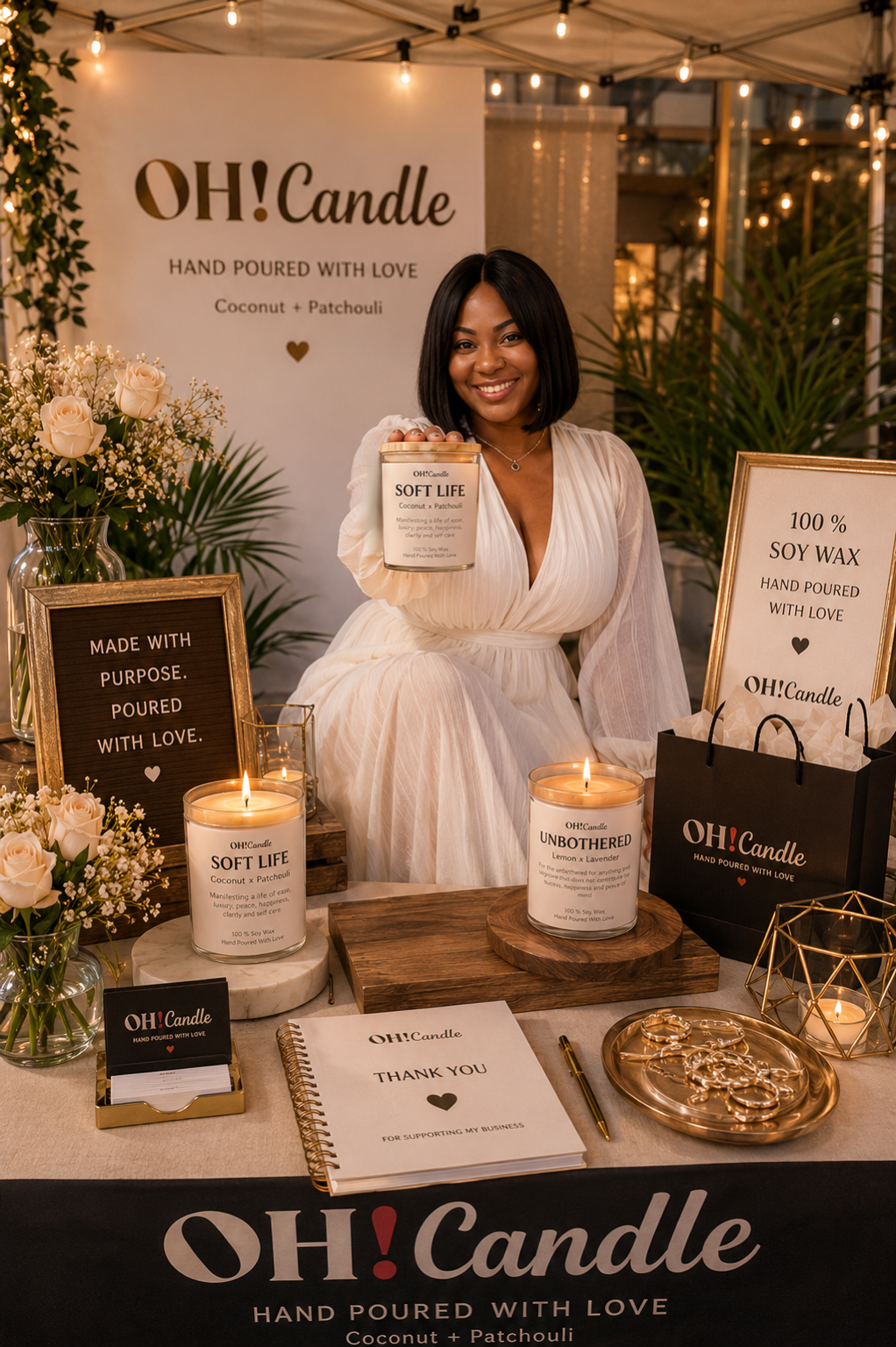 Woman at OH!Candle display booth holding a candle, surrounded by candles, flowers, and signs promoting hand-poured soy wax candles with fragrance options like coconut patchouli and lemon lavender.