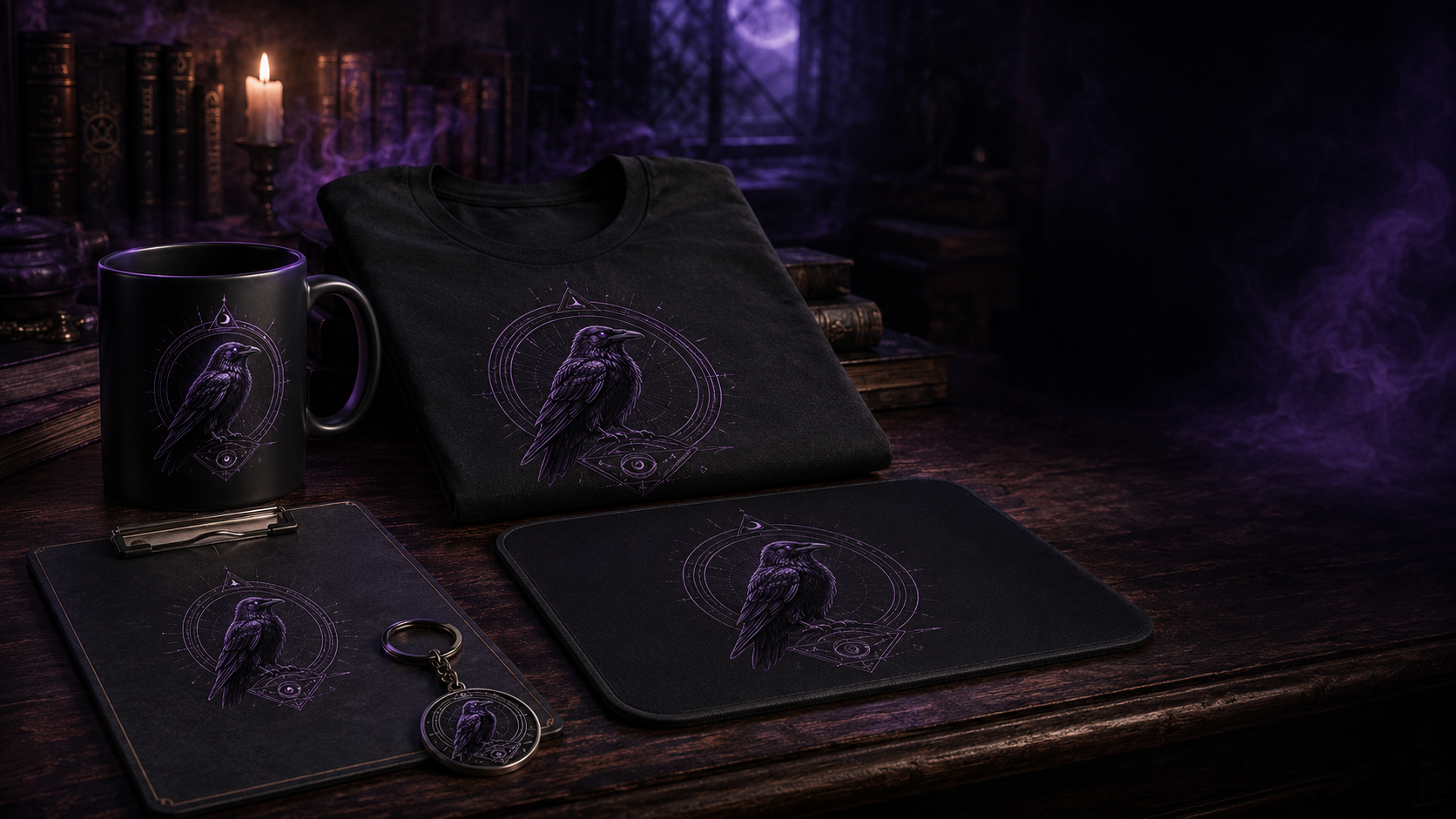 Grim Stories merchandise collection featuring a raven mug, shirt, clipboard, mouse pad and keyring
