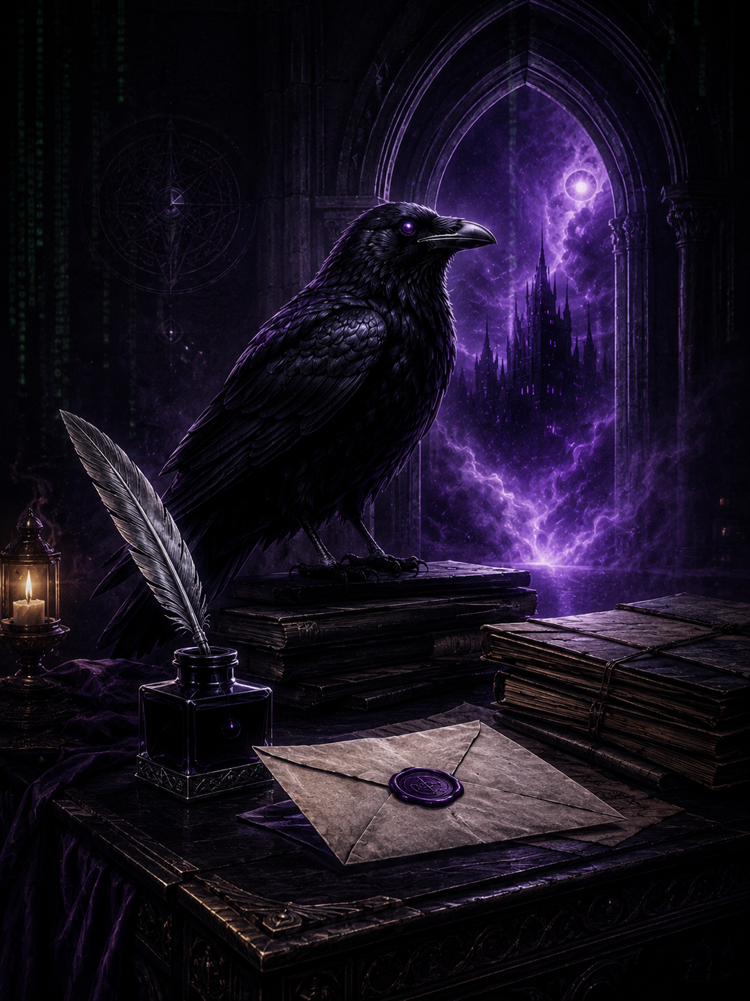 A black raven beside a silver quill and sealed envelope in a violet-lit gothic studio archive.