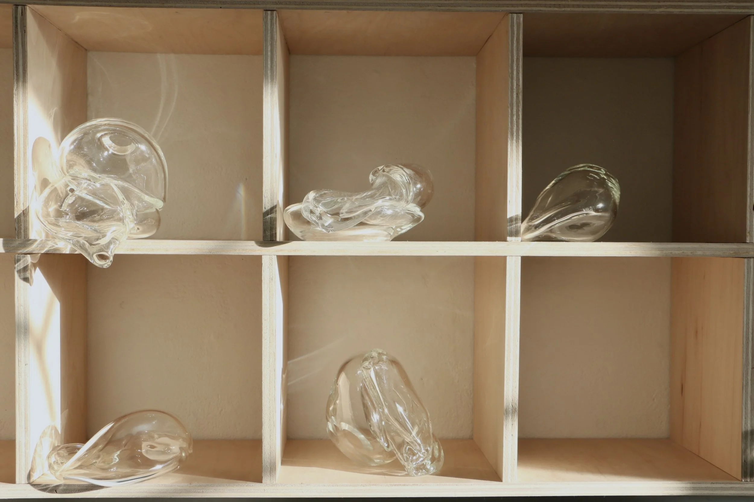 A Record of an Intimate Exchange, 2025
Blown glass, plywood
43” x 25” x 8” inches
