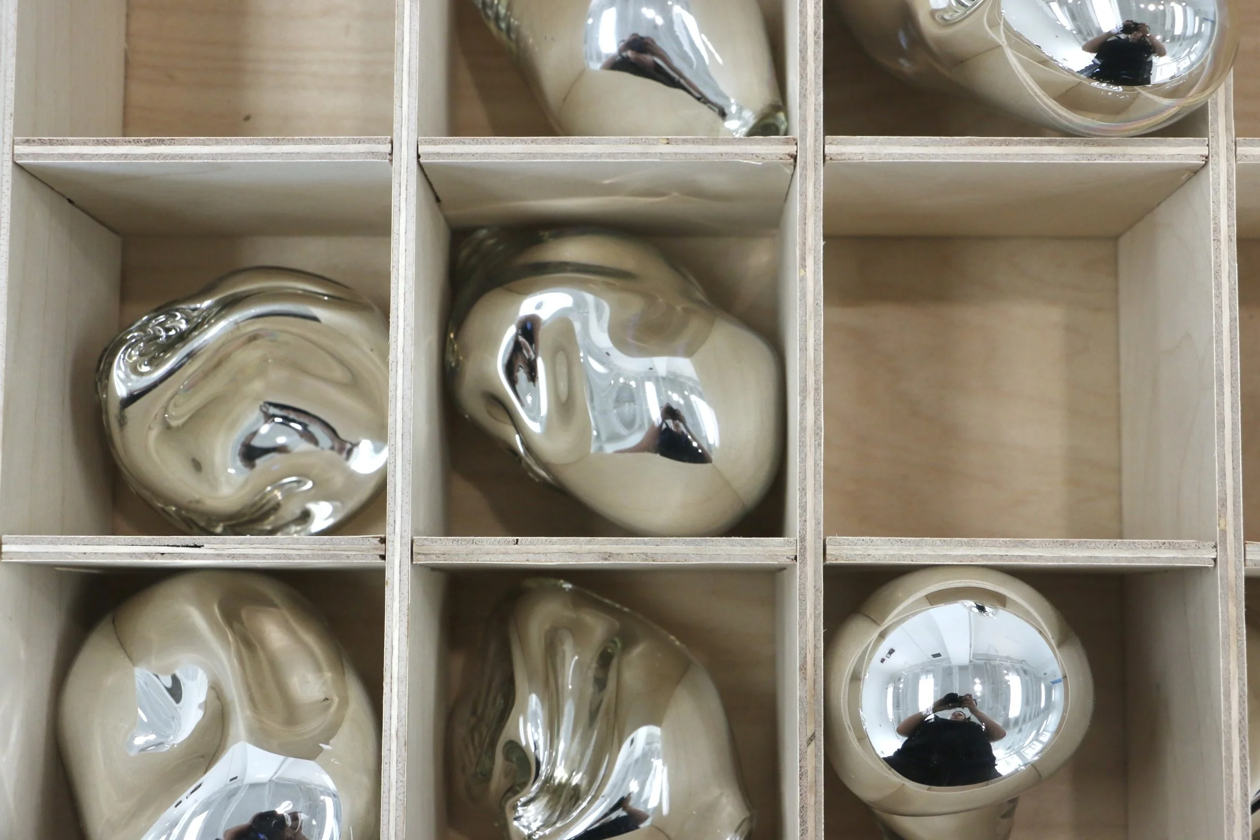 Record of an intimate exchange, 2026
36 x 26 x 17 inches

Wood, blown glass; mirrored
