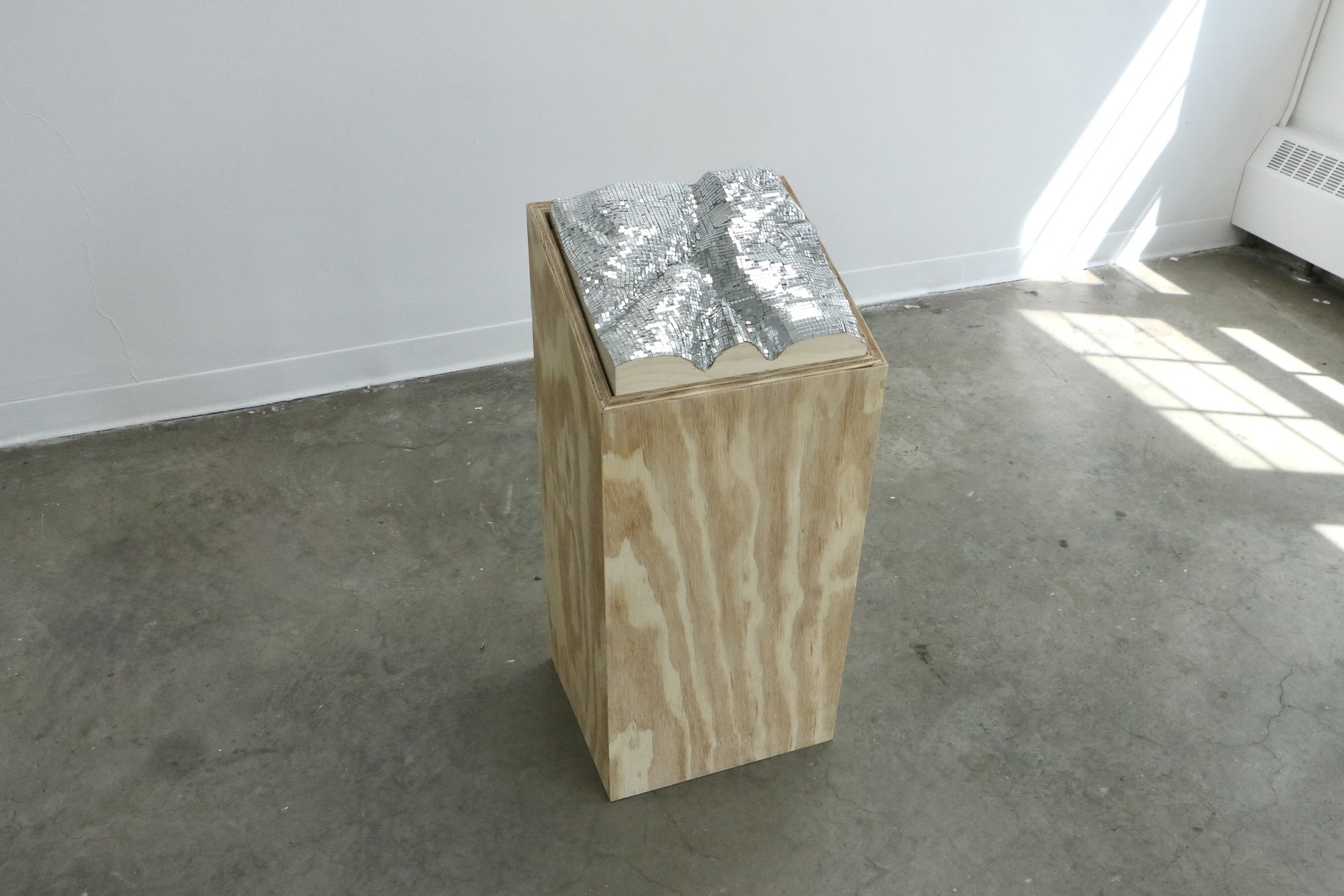 
Orientations 1, 2026 
12 x 13 x 32 inches

Plywood, solid pine carved map, glass mirrored tiles
