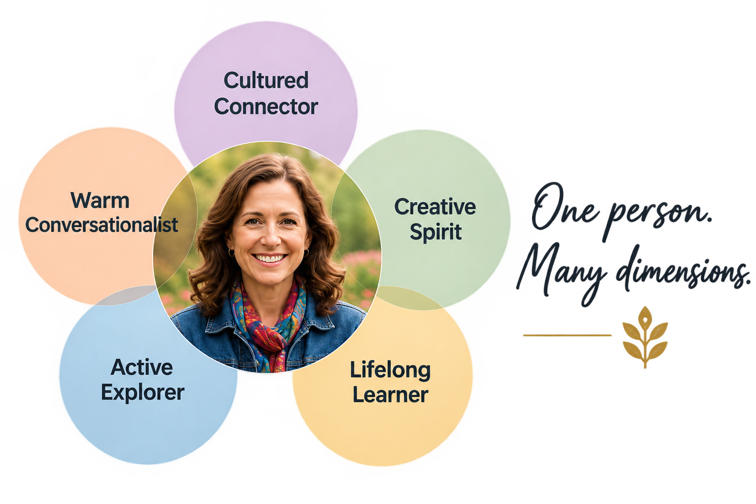 A digital graphic featuring a smiling woman in a denim jacket and scarf at the center, surrounded by five overlapping circles labeled 'Cultured Connector,' 'Creative Spirit,' 'Lifelong Learner,' 'Active Explorer,' and 'Warm Conversationalist,' with the phrase 'One person. Many dimensions.' written in cursive on the right side.