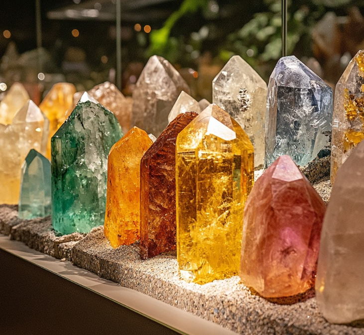 Various colorful large crystals displayed on a sandy surface, illuminated in a dimly lit setting.
