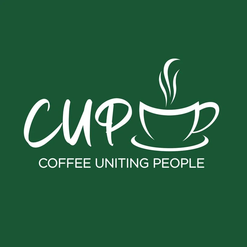 Logo for Coffee Uniting People featuring a stylized coffee cup with steam, the acronym 'CUP', and the tagline 'Coffee Uniting People' on a dark green background.