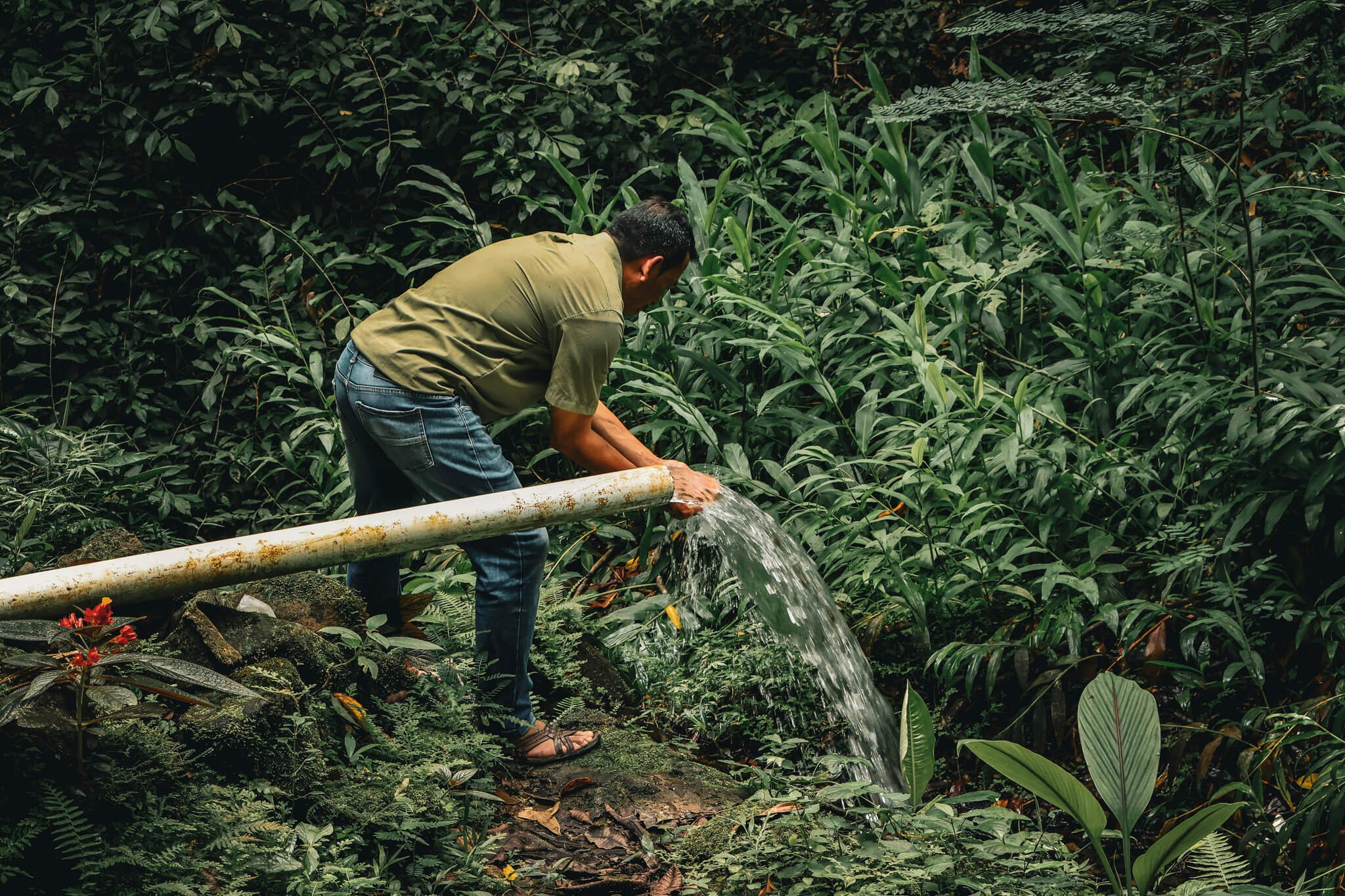 Carlos tomando agua del ojo de agua
