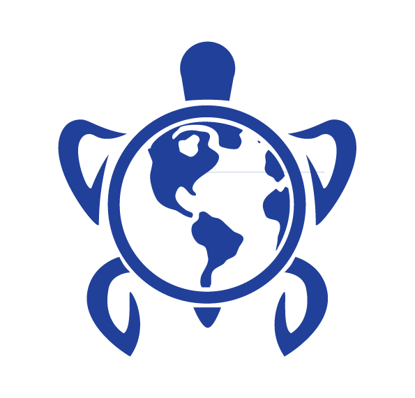 Blue icon of a earth globe with a rat silhouette surrounding it.