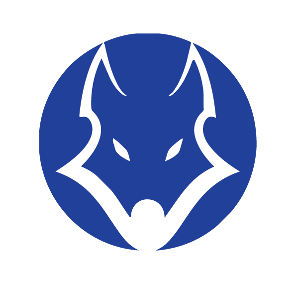 A blue circular logo featuring a stylized wolf head outline.