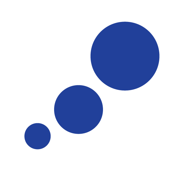 Three blue circles of different sizes arranged in a diagonal line on a black background.