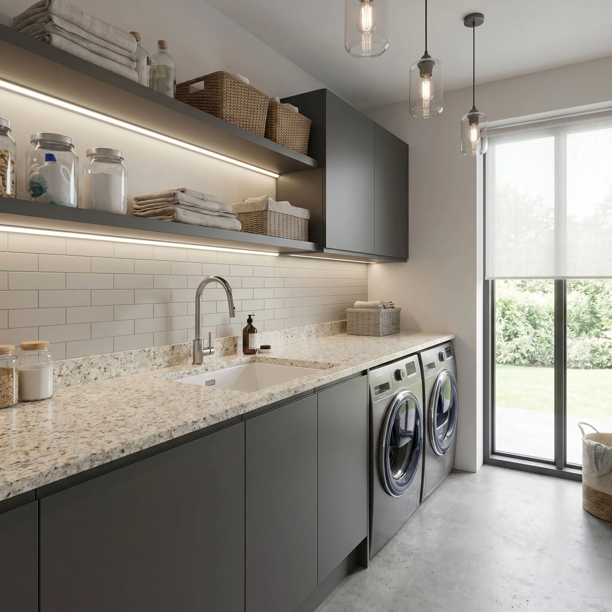 Modern laundry room with dark gray cabinets, open shelving, beige speckled stone countertop, and front-loading washing machines. Shelves contain towels, woven storage baskets, and glass jars with supplies. Bright natural light from large window with 