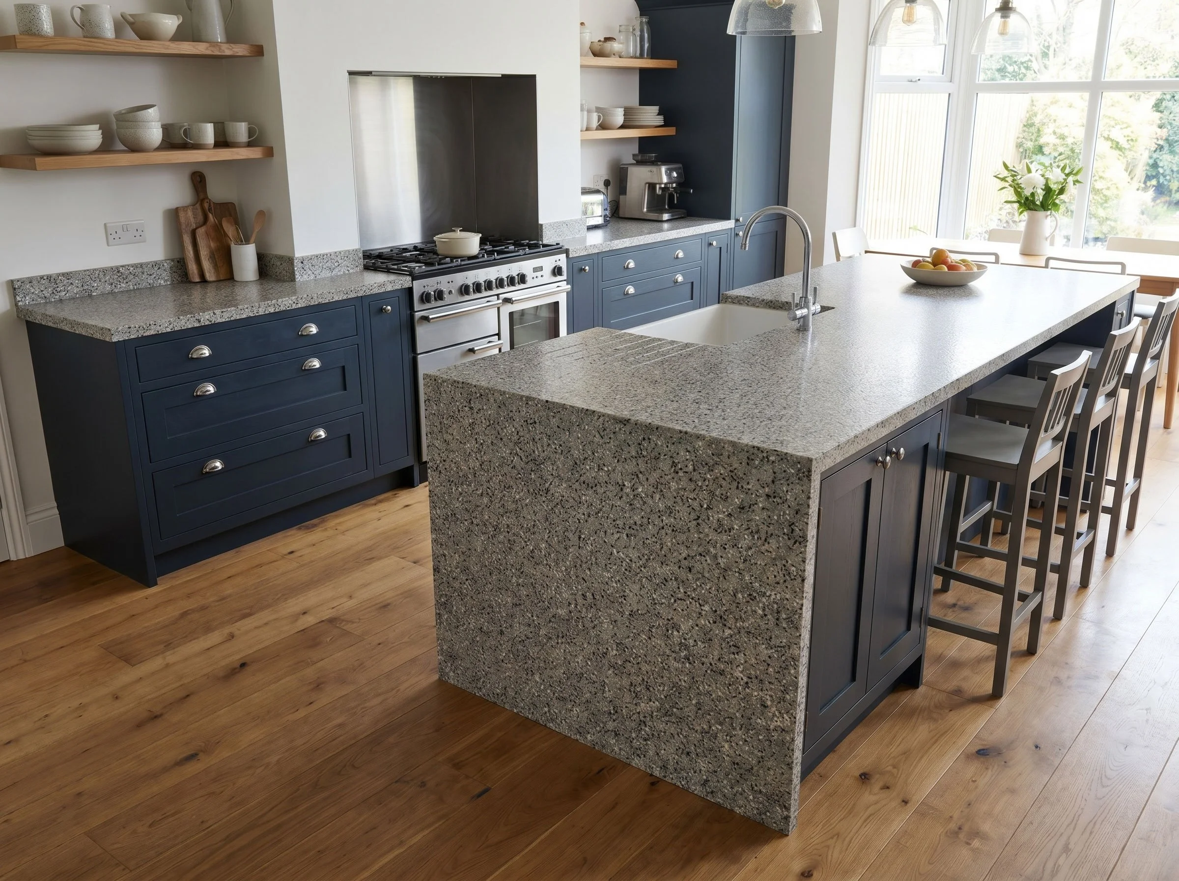 Modern kitchen with navy blue cabinets, granite countertops, and open wooden shelves displaying dishes. Bright sunlight streams through large windows, illuminating a kitchen island with a bowl of apples and bar stools.