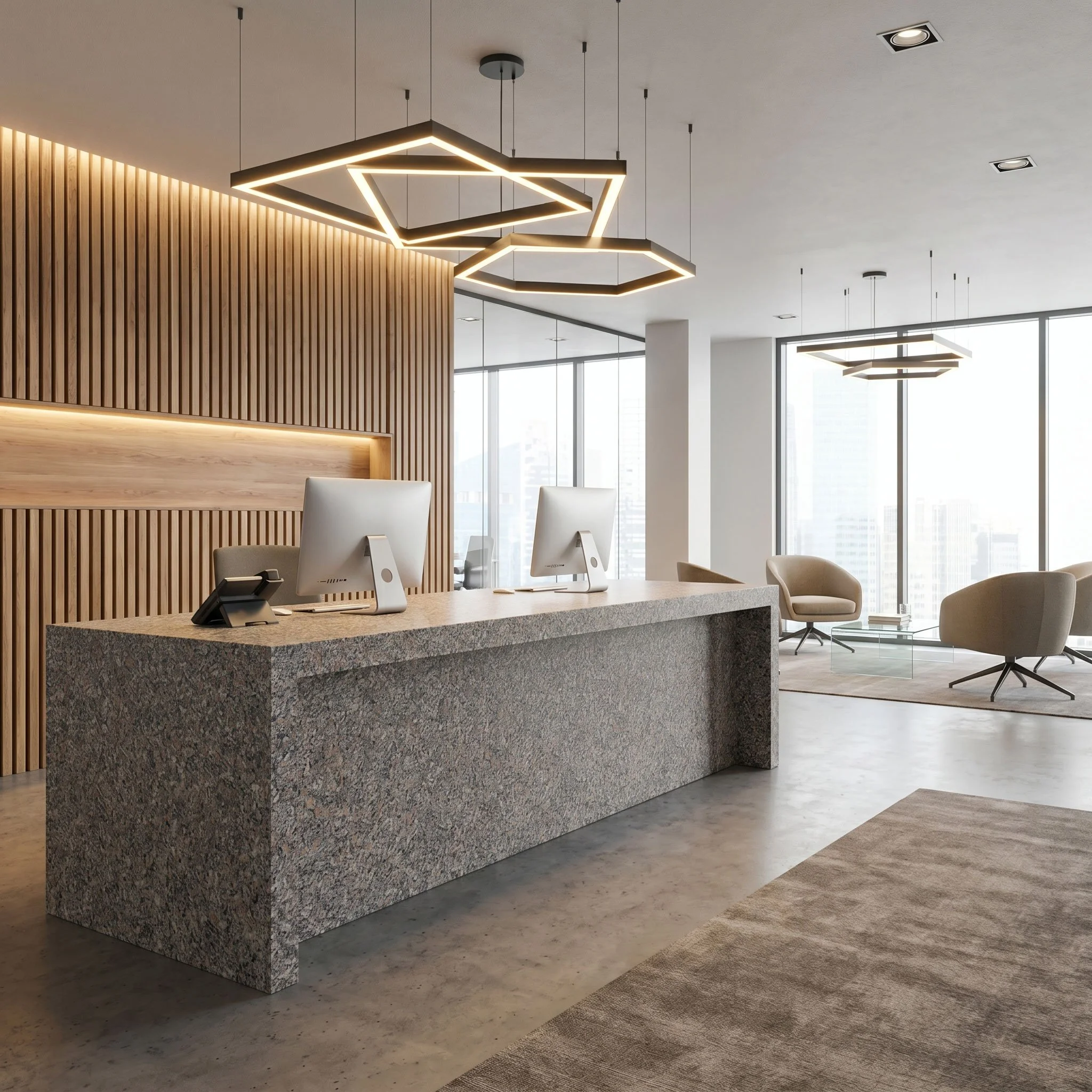 Modern office reception area with a stone countertop, wooden wall, and geometric pendant lighting fixtures.