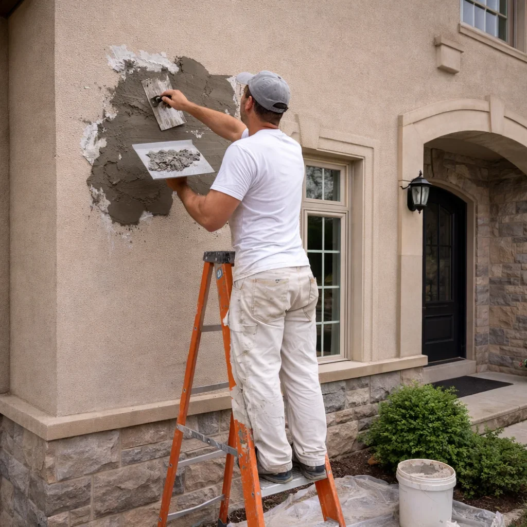 A man is standing on an orange ladder applying gray concrete or plaster to the exterior wall of a house, near a window and door, in a residential area.