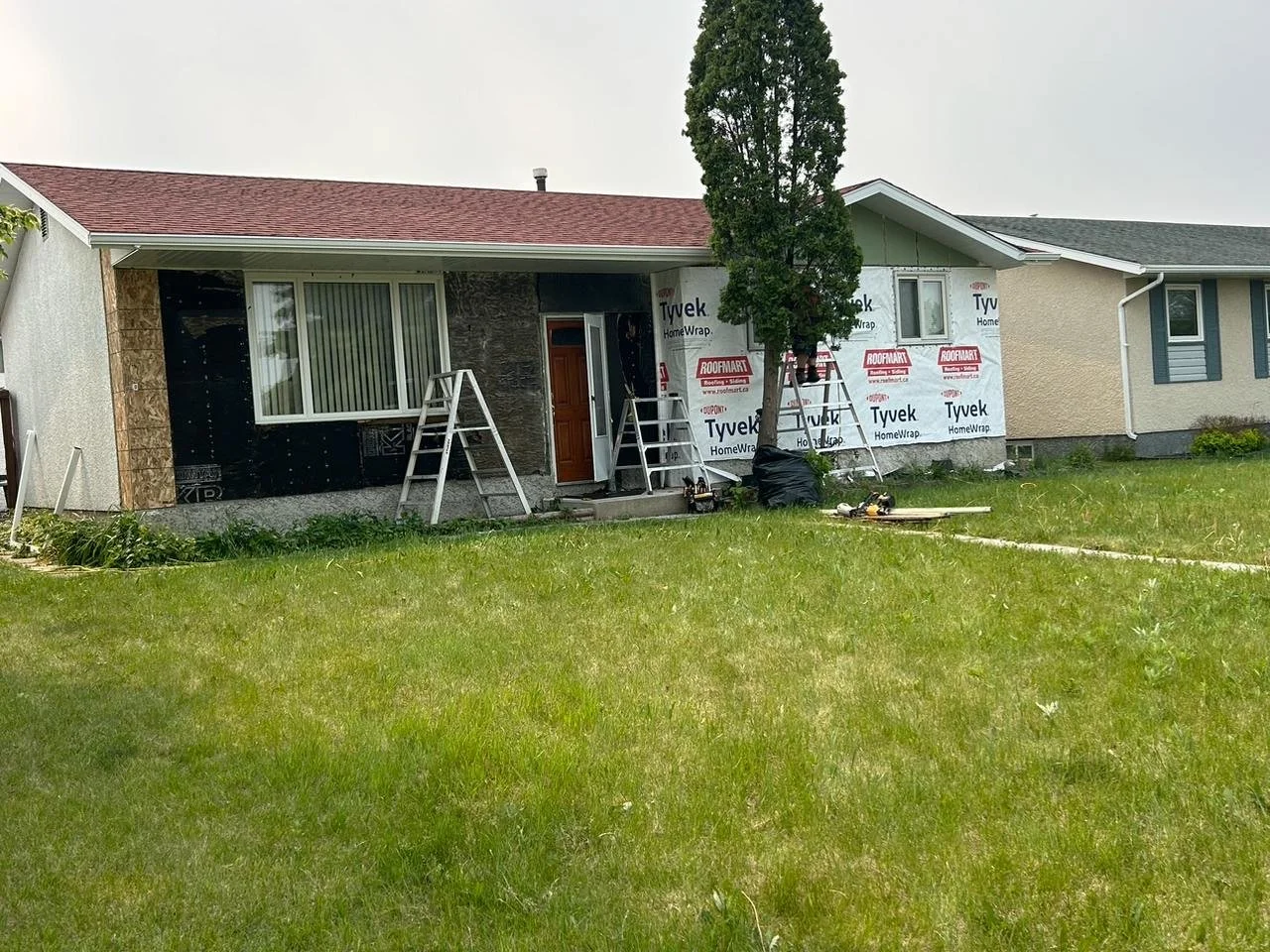 A house under renovation with siding partially removed, showing black insulation and wooden panels, two ladders leaning against it, a tall tree in front, and construction tools on the lawn.