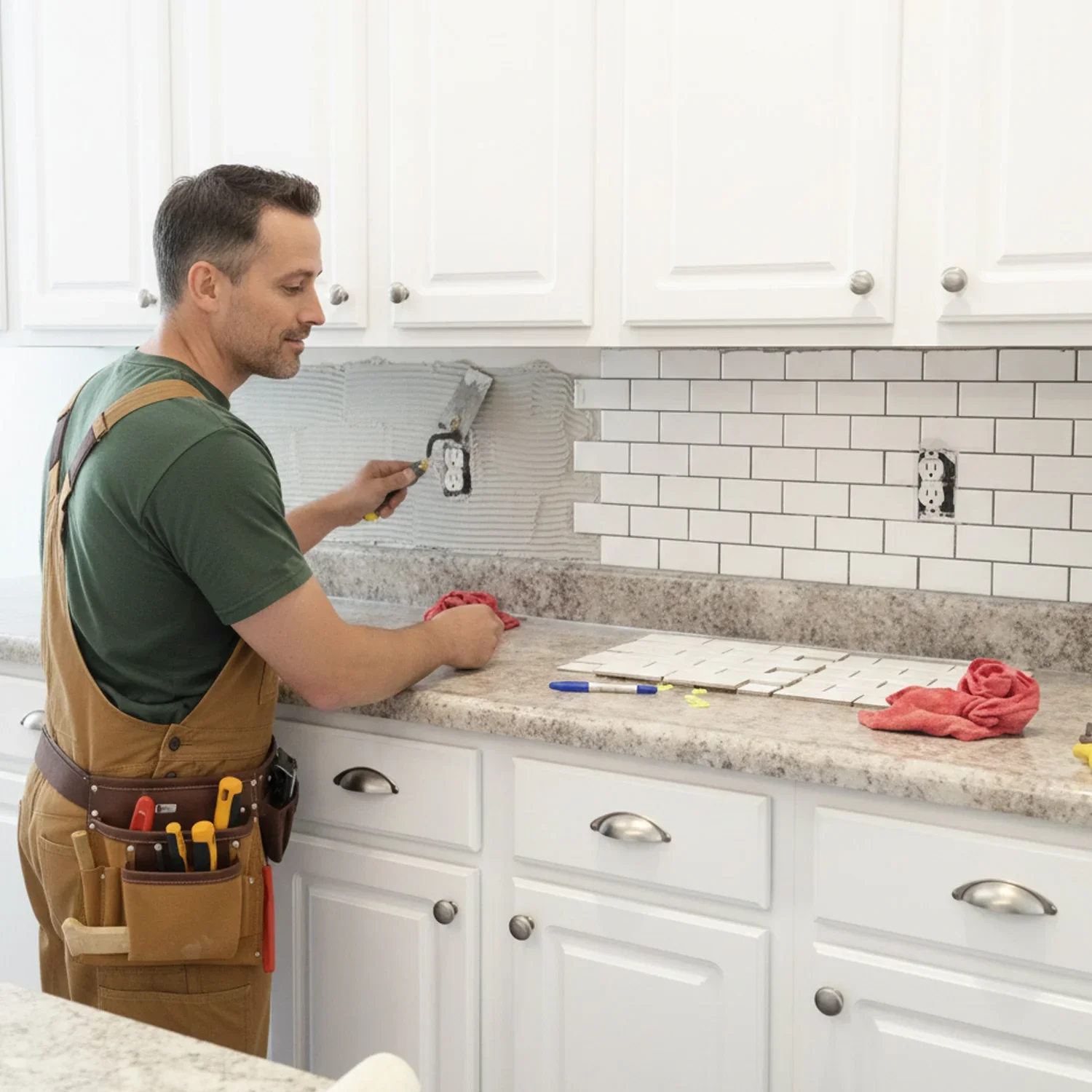 A man installing white subway tile backsplash in a kitchen with white cabinets and granite countertop.